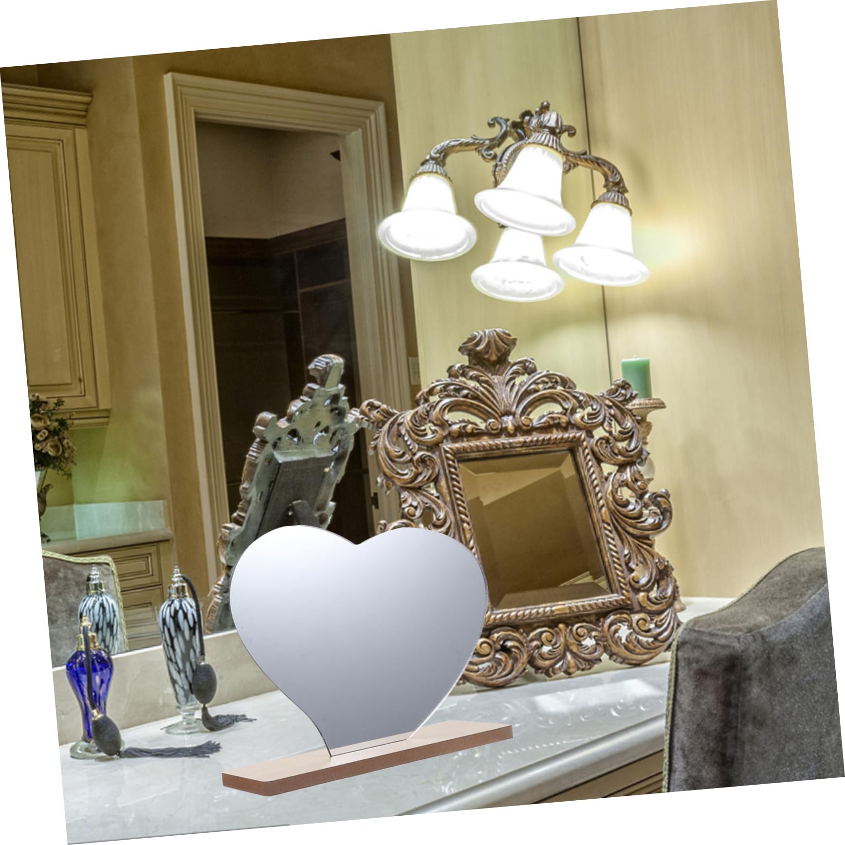VICASKY Aesthetic Heart Shaped Makeup Mirror with Wooden Base Durable Frameless Decorative Tabletop Mirror for Easy Makeup Application Shaving Bedroom Bathroom