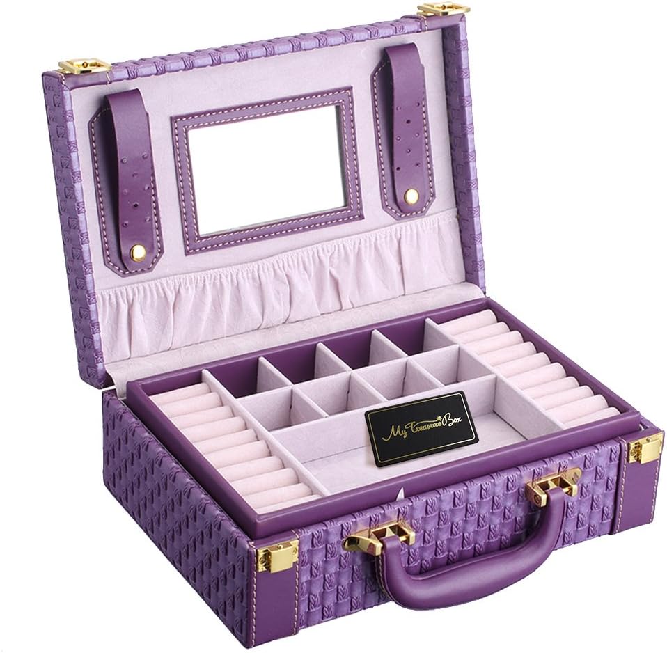 My Treasure Box Equisite Jewelry Box PU Leather Woven Pattern 2 Layers Rectangle Trunk Shape Organizer Portable Storage Box