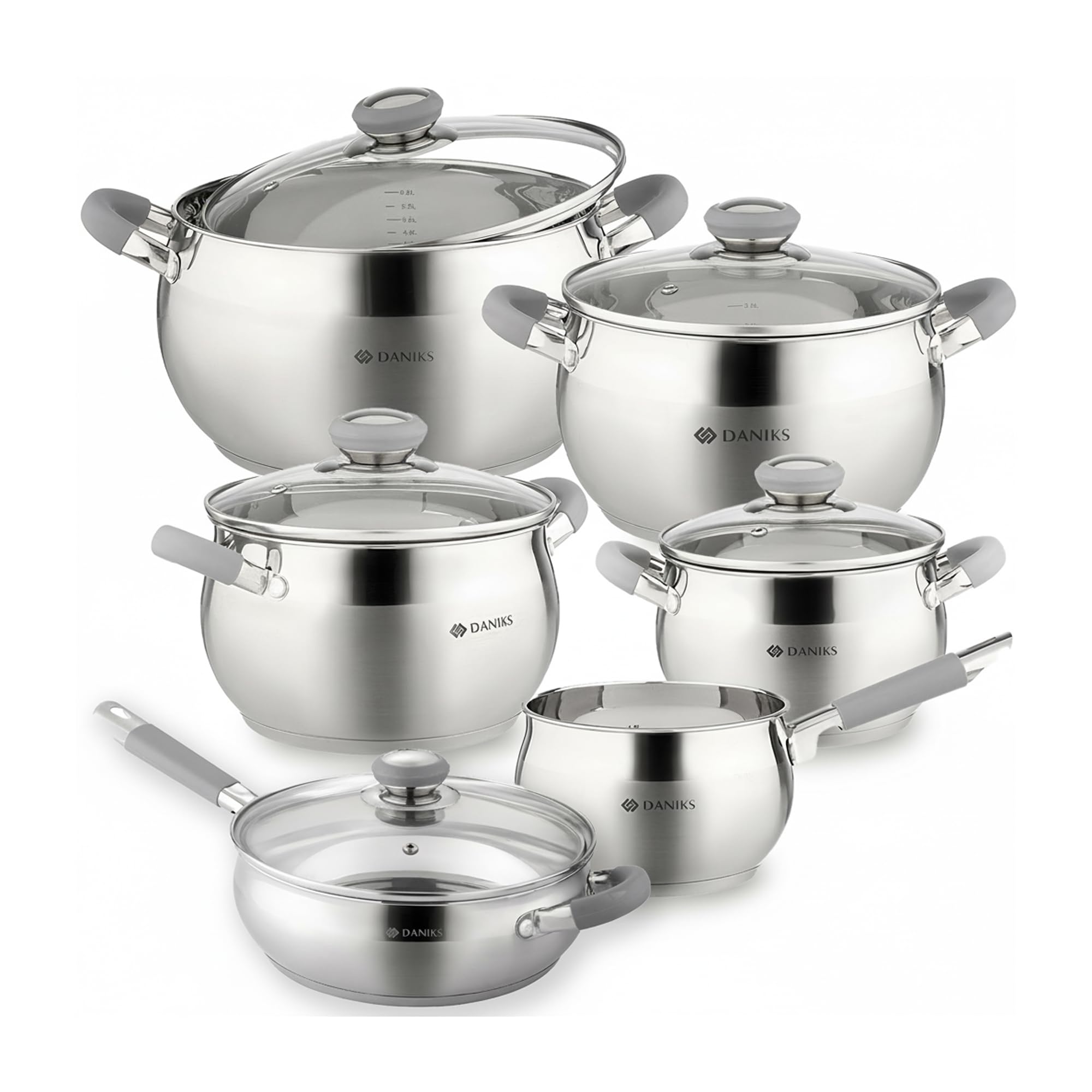 Daniks Modern 11-Piece Stainless Steel Cookware Set with Glass Lids, Includes Saucepan and Frying Pan with Lid, Tri-Ply Bases for Even Heating, Induction Compatible, Dishwasher Safe, Heatproof Handles