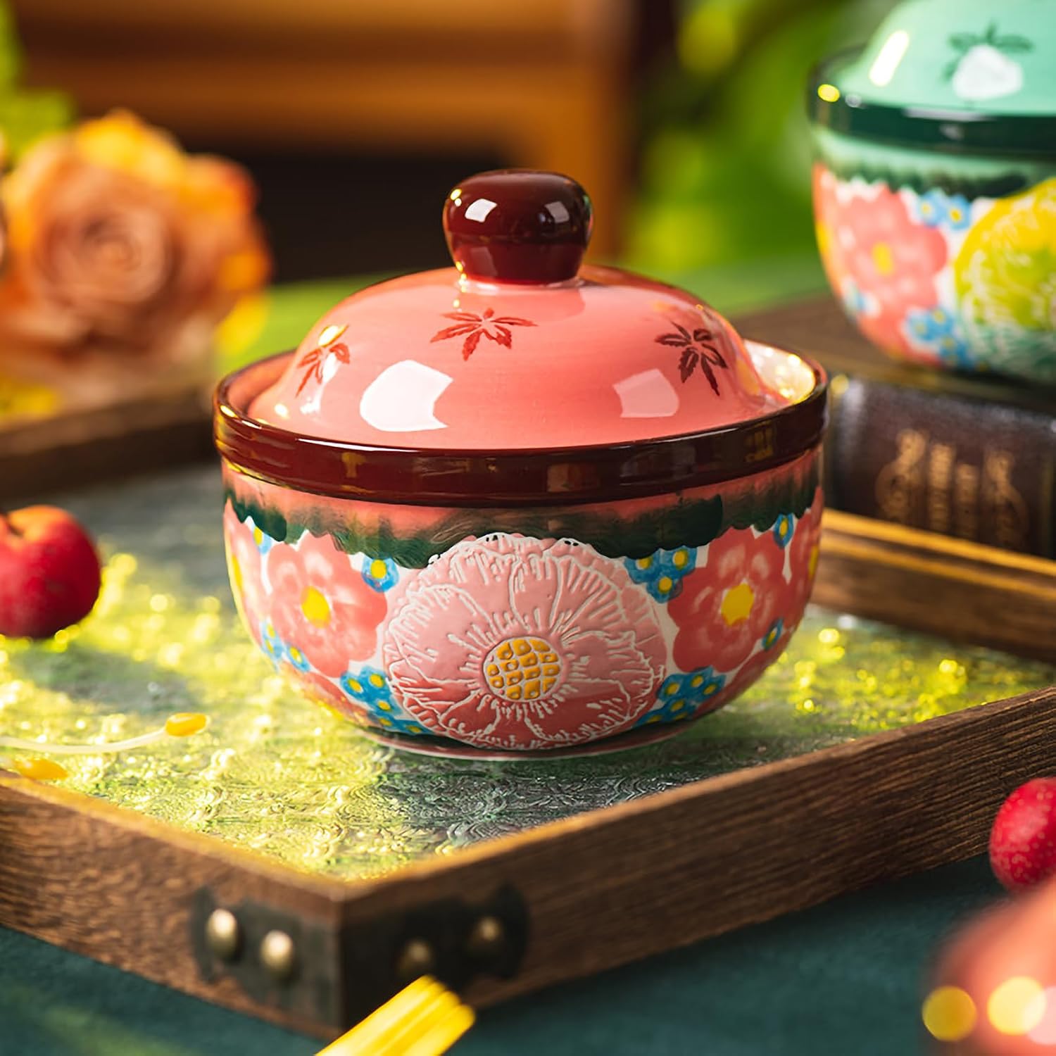 2Pk 12.85oz Ceramic Stew Pots, Hand Painted Flower Ramekins, Multi-Purpose Kitchen Sugar Bowls & Spice Jars for Nest, Soup, Dessert, Oven/Dishwasher Safe (Emerald Veil + Pink Blush)