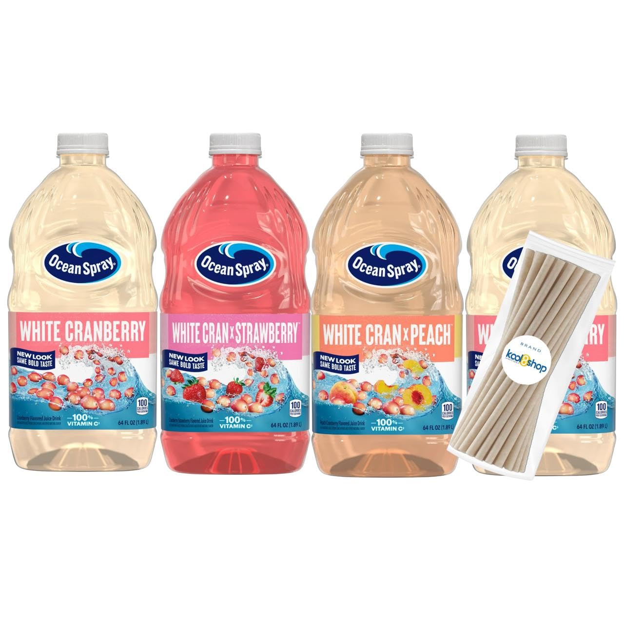 Ocean Spray Variety Pack White Cran Juice Drink Flavors May Vary 64 fl oz Plastic Bottles 4 Pack + 15 Sugarcane Disposable Straws by KOOL8SHOP Infinite Deals