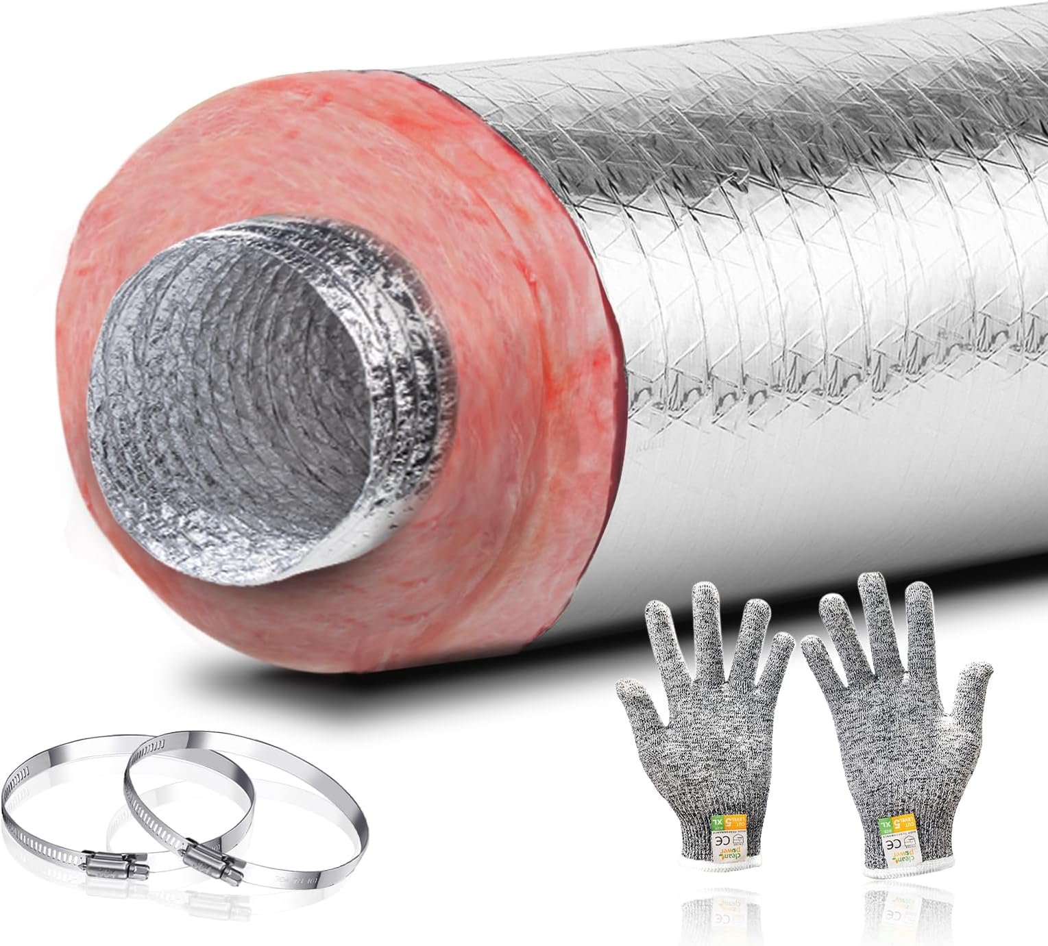 6 Inch Insulated Flexible Duct R6 Silver Jacket 25 Feet Long with 2 Clamps,Used in Standard Heating and Air Conditioning (HVAC)