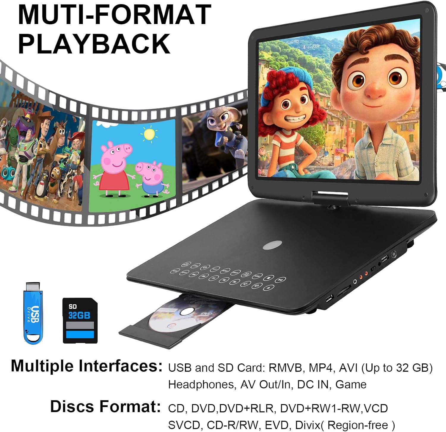 19.6" Portable DVD Player with 17.6’’ Large HD Screen, 4-5Hrs Play, DVD Player Portable with Dual Speaker, Last Memory, Support SYNC TV/USB/SD Card, Play All Discs Format, Black