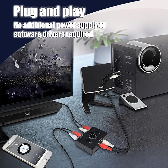Stereo RCA Audio Switcher 2(1)-In-1(2)-Out, Bidirectional Speaker Converter Switch Box with One-Key Mute Button, Plug & Play, No External Power Required for DVD Player/Soundbar/Speaker