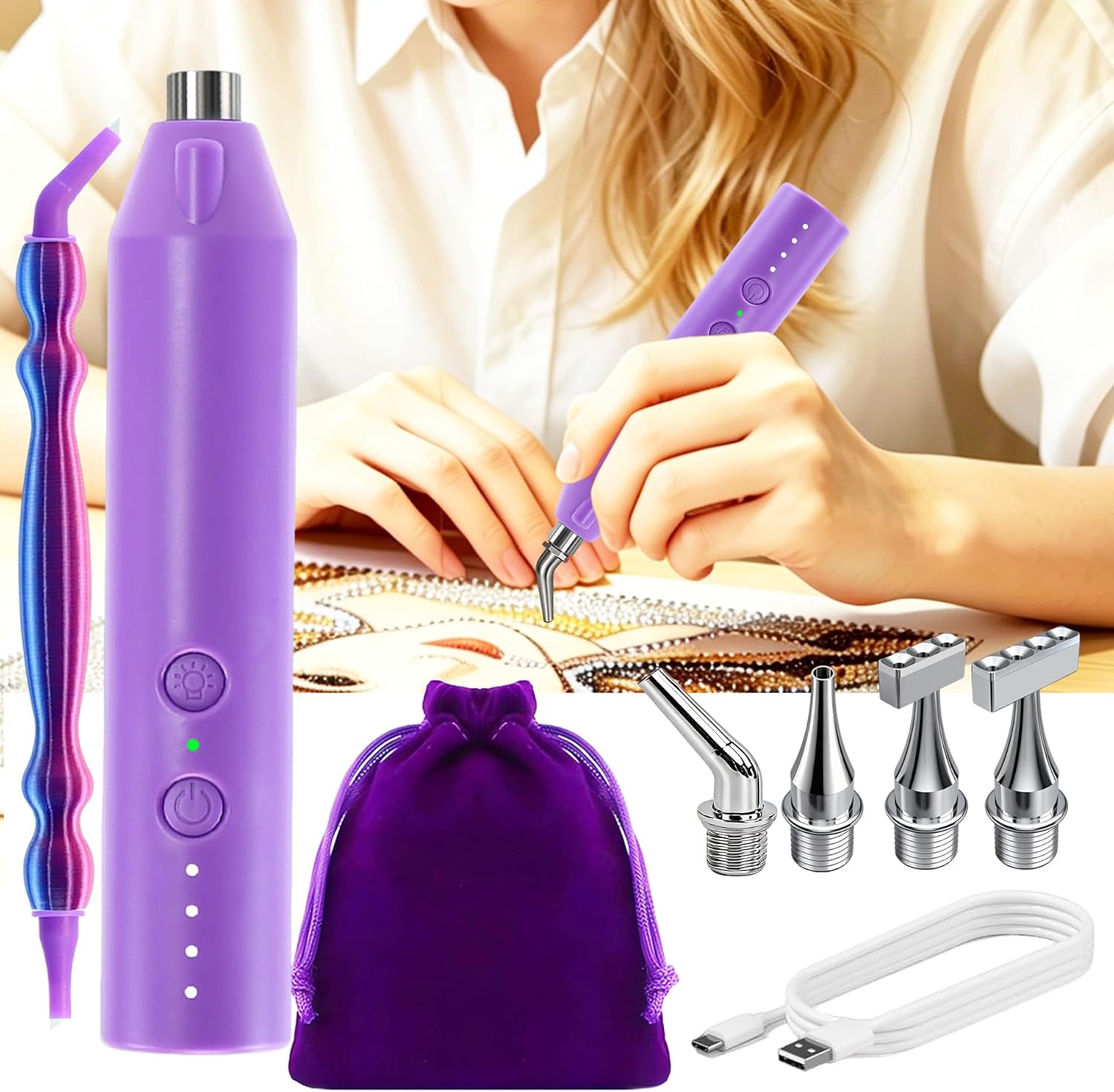 Electric Diamond Painting Pen with Light, Cordless Diamond Art Vacuum Pen no Wax Needed, Rechargeable Diamond Art Pen, Steel Screw Multi-placer, 3-Speed, Diamond Art Accessories with Cutter (Purple)