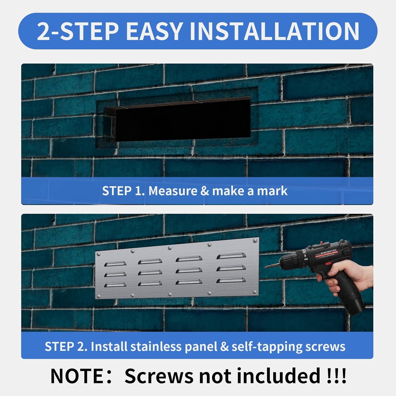 2 Pack Stainless Steel Venting Panel for BBQ Grill Accessory, 15x4.5 Inch (12-Slots), 304 Grade Metal Vent Cover for Masonry Fire Pits & Outdoor Kitchens, Weather Resistant, 15" by 4-1/2"