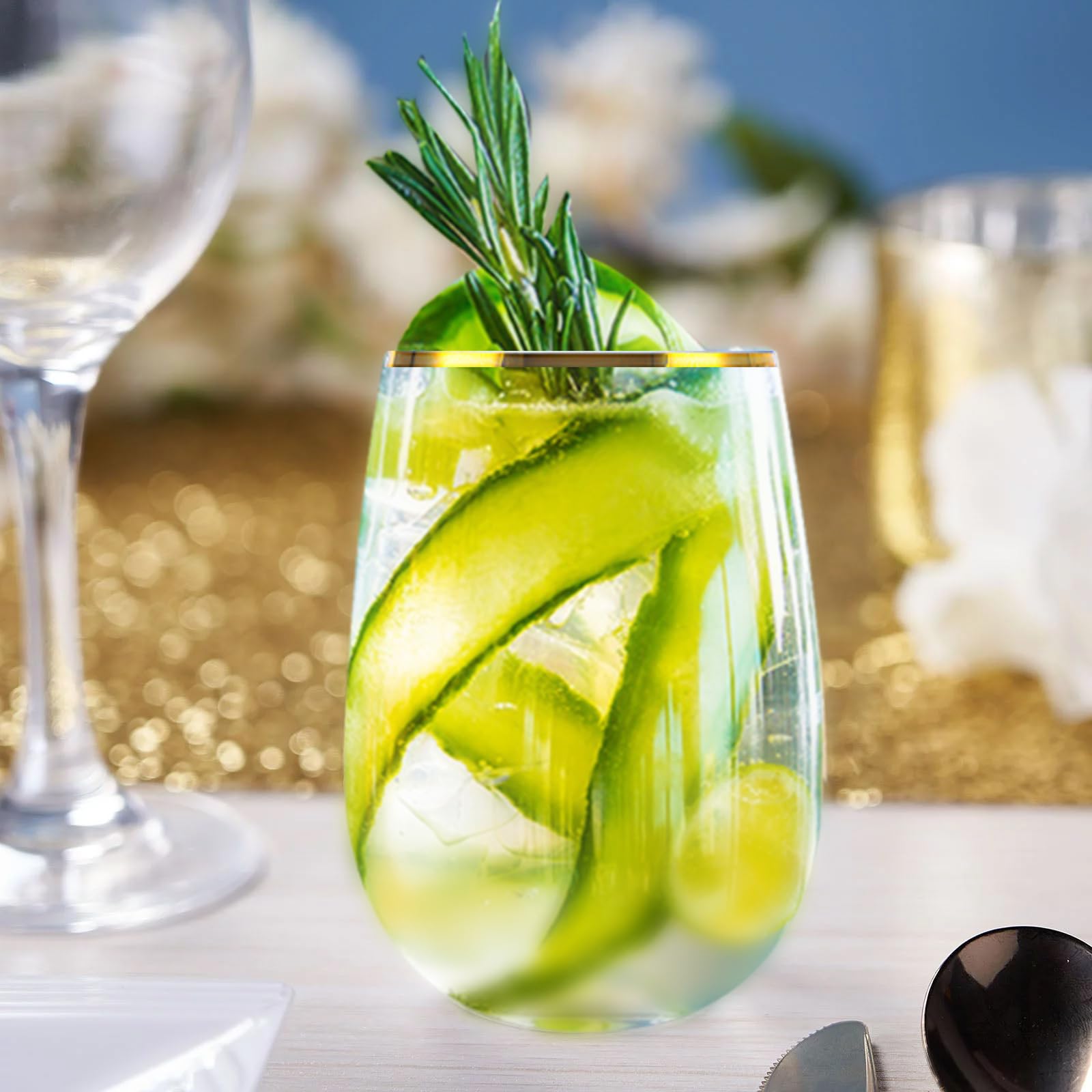 Lot de 16 verres à vin sans pied en plastique incassable - Réutilisables - Bords dorés - Pour fête, mariage, pique-nique