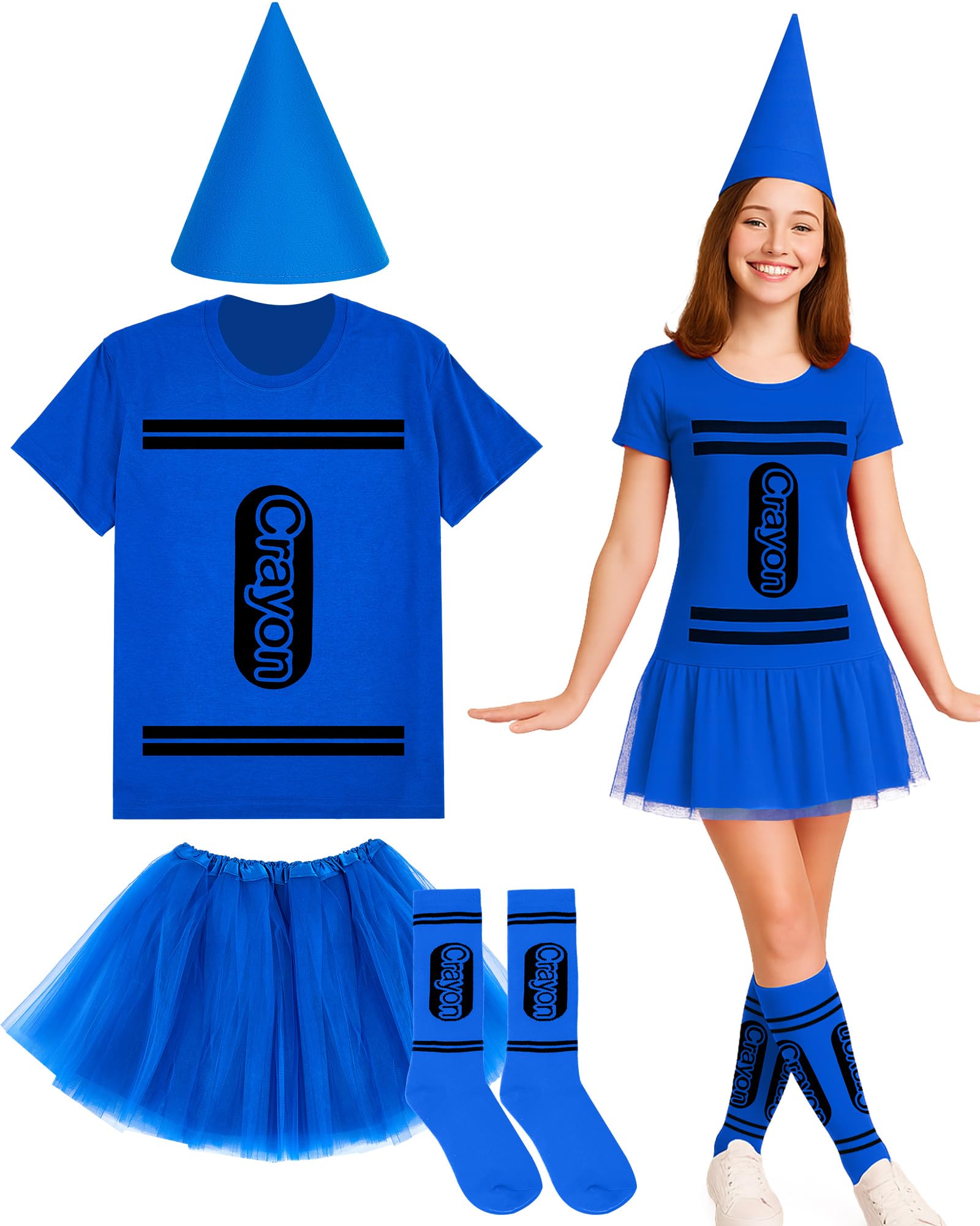 Coume Halloween Crayon Costume Set Crayon T Shirt Tutu Hat Sock Halloween Group Team Funny Shirt Tutu for Women Cosplay, Blue, Large