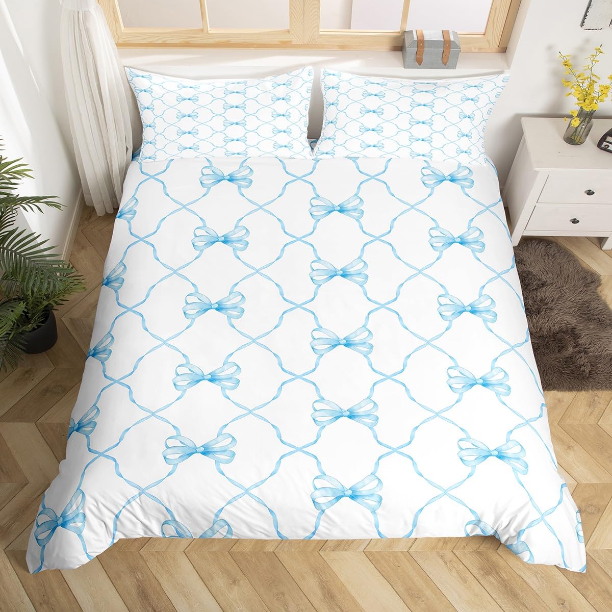 Homewish Cute Blue Bow King Bedding Set for Girls,Kawaii Dreamy Princess Bowknot Duvet Cover,Geometric Check Bow Tie Kids Quilt Cover Watercolor Blue White Bow Bed Set โ image 1