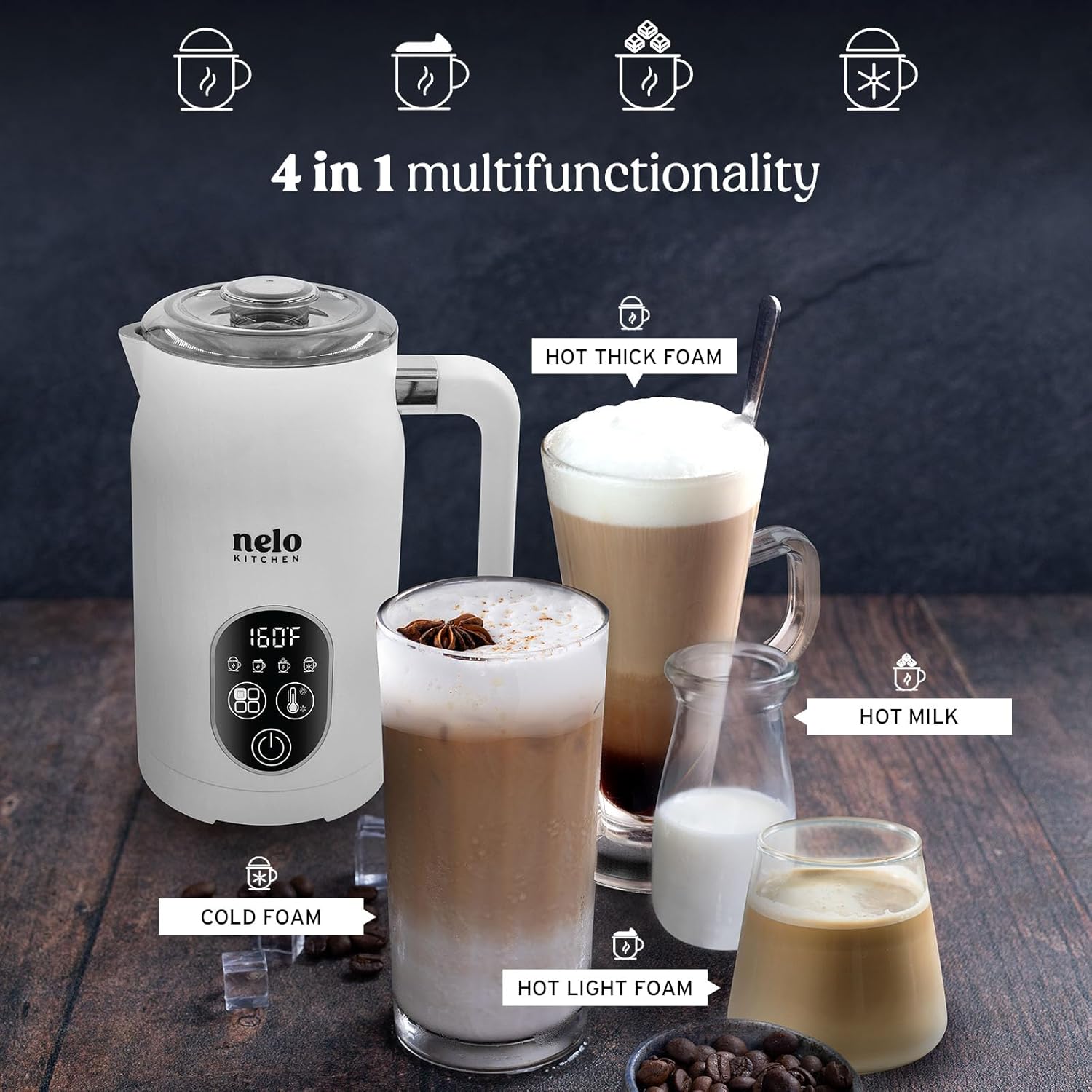 NELO Milk Frother showing 4-in-1 functionality with different milk preparations