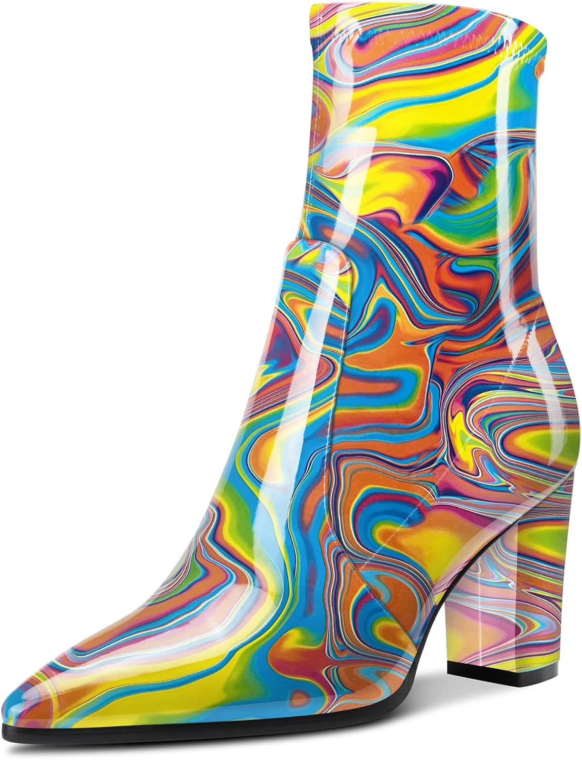 Aachcol Women Mid Calf Boots Pointed Toe High Chunky Block Heel Patent Zipper 3 Inch