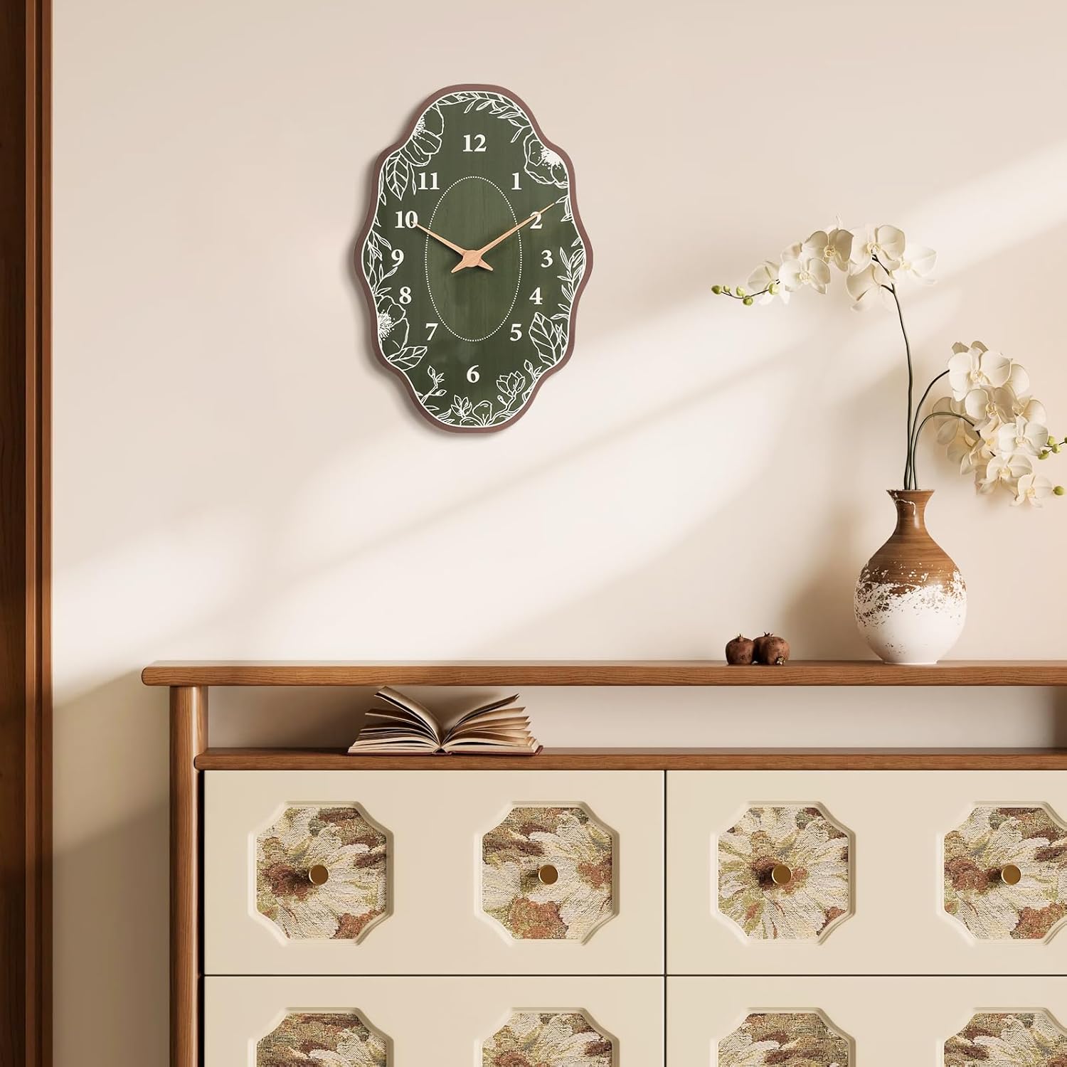 14 x 9 Inch Mid Century Retro Irregular Shape Wall Clock, Silent Non-Ticking Battery Operated, Vintage Boho Green Art Clock for Living Room, Bedroom, Entryway, Mantel Decor