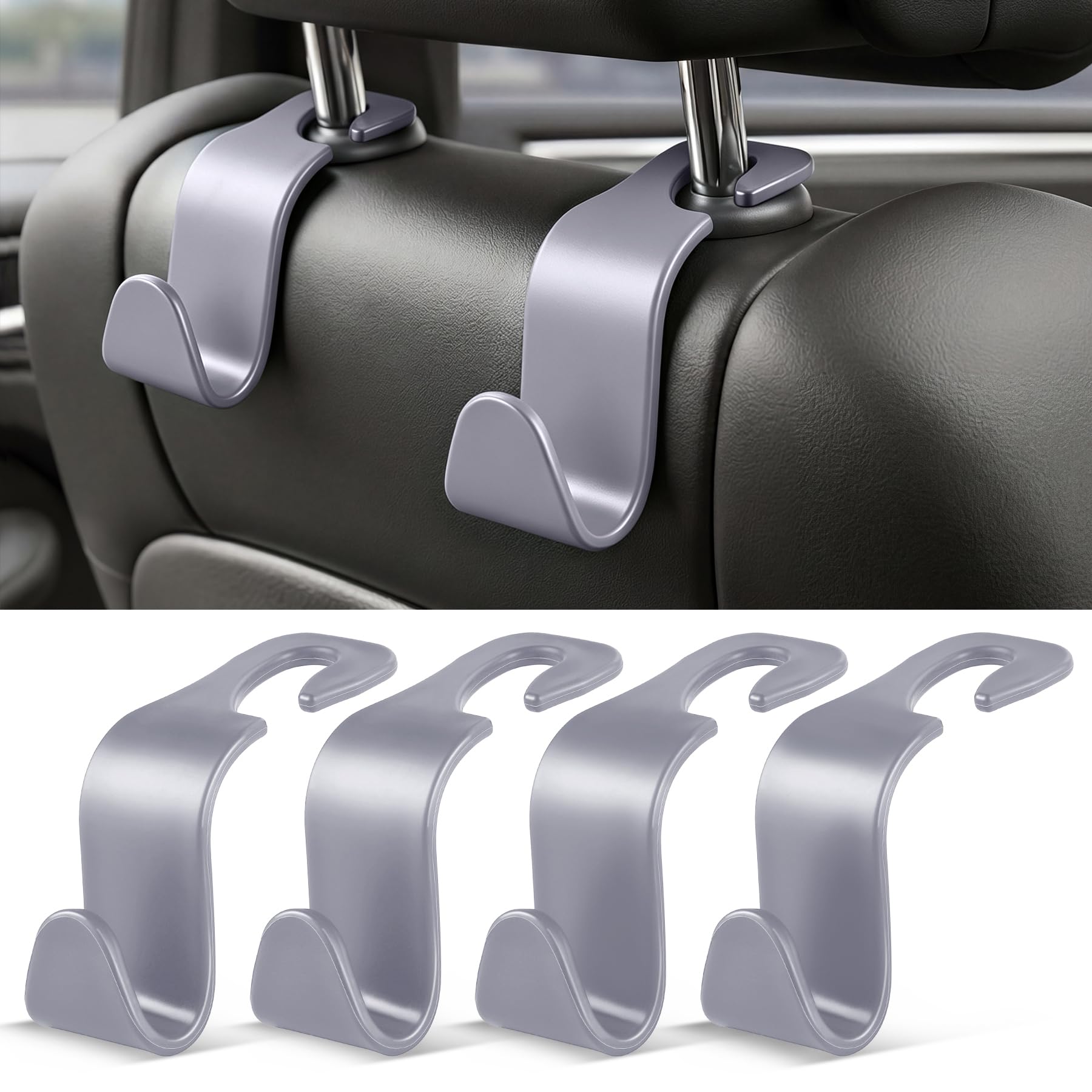 SINGARO 4 Pack Car Seat Headrest Hooks, Vehicle Back Seat Hanger Storage Organizer for Purse Handbag Backpack Coat Grocery, 360° Rotating Heavy Duty Holds 44lbs, Gray