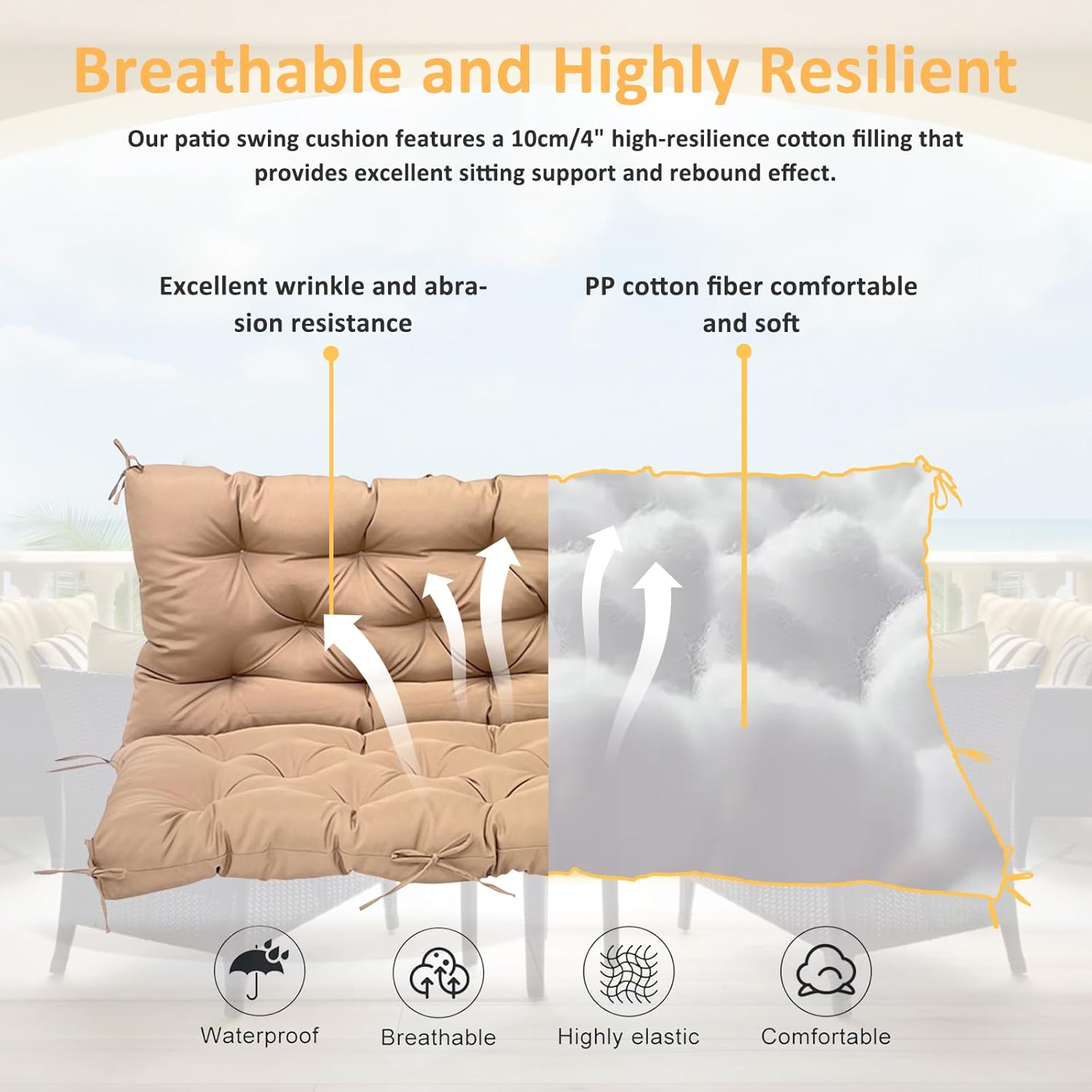 Swing Replacement Cushions for Outdoor: 2-3 Seater Waterproof Porch Bench Cushion with Backrest and Ties - 4" Thick Swing Cushion for Garden Patio Backyard Loveseat