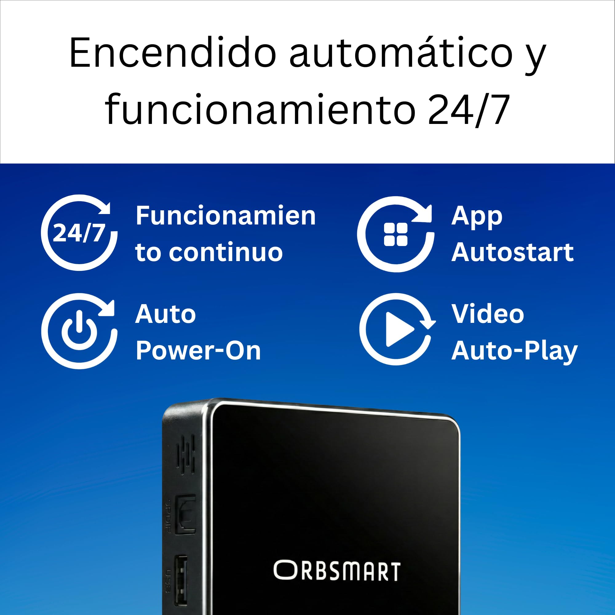 Orbsmart DS Player (S89L) - Android 14 Digital Signage Reproductor 4K Mini PC para 24/7 Uso Continuo (Fanless, Auto-On, Root, Modo Quiosco y Vertical, 4GB RAM, 32GB, LAN)