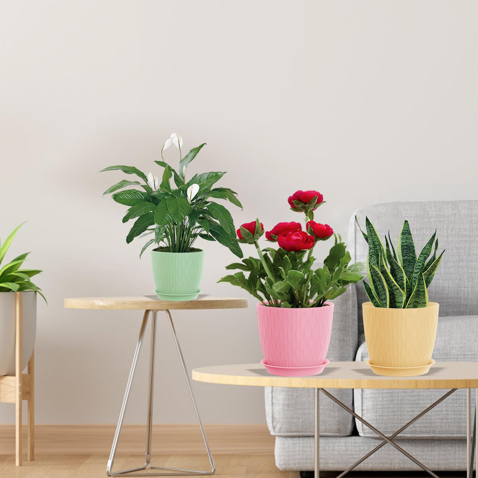 MUAEEOK 18CM 5 Pack Plant Pots Indoor Stripe Grooves Plastic Flower Pots with Drainage Holes and Tray - Image 3