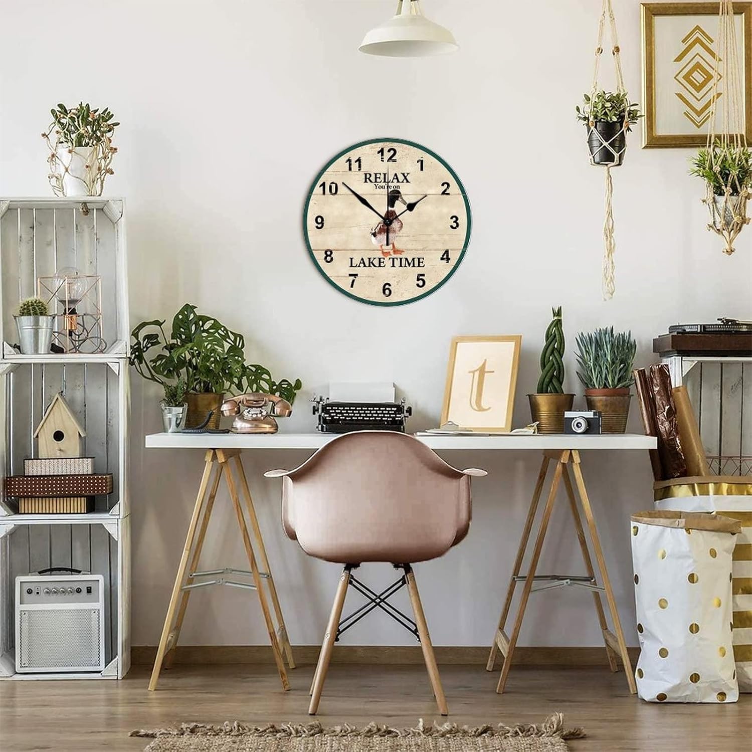 Round Wood Wall Clock Relax You're on Lake Time with Duck Battery Operated Digital Wall Clock Rural Style Wood Clock Suitable for Living Room Dining Room Bathroom Antique Wall Decorations 15 Inch
