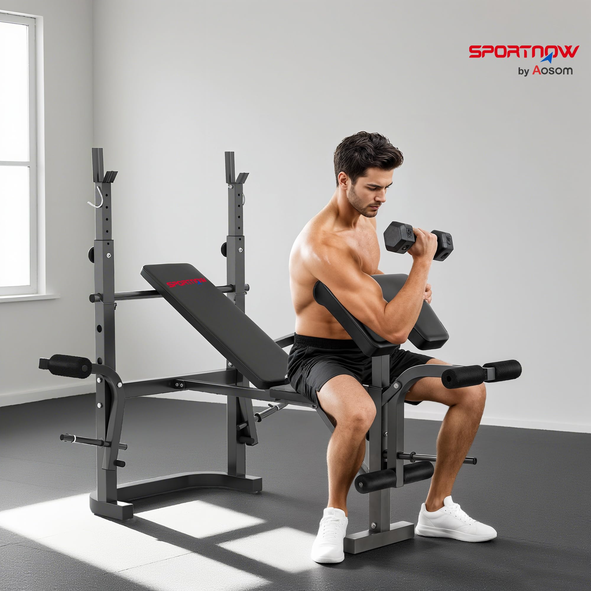 SPORTNOW Panca Palestra Multifunzione Regolabile con Rack Bilanciere, Panca Preacher Curl, Panca Pesi Inclinabile Piana con Leg Extension, Barra Lat Pull Down, Allenamento Palestra Casa, Nero
