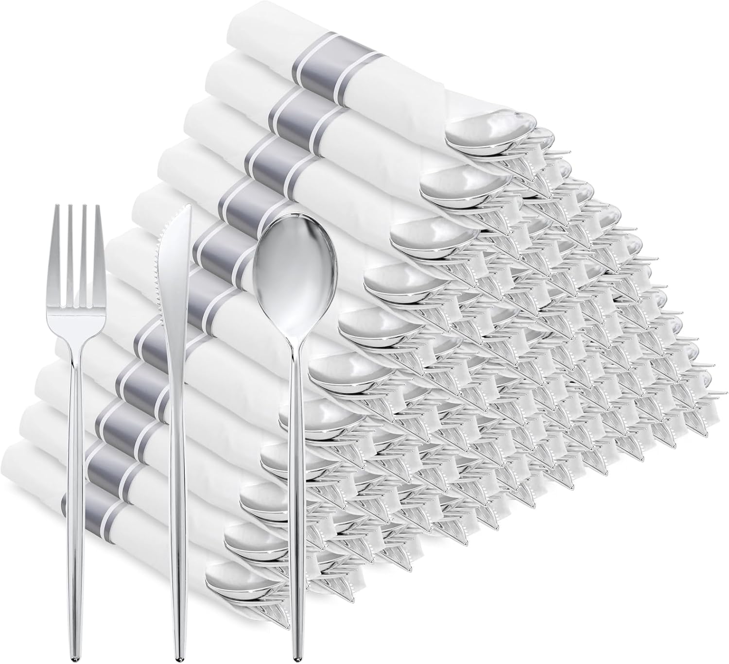 SUT 100 Pack Pre Rolled Silverware Set Disposable, 400 Pcs Silver plastic utensils Include 100 Forks, 100 Knives, 100 Spoons, 100 Napkins, Plastic Cutlery, Wrapped Silverware Set Disposable for Party