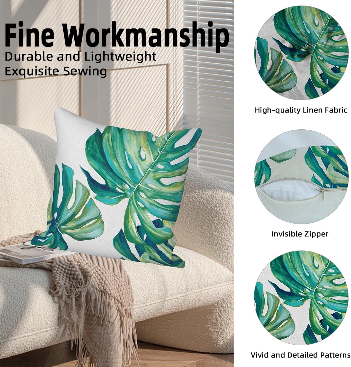 4 Pcs/Set Tropical Leaves Pillow Covers Green Palm Tree Leaves Natural Plants Watercolor Minimalist Outdoor Accent Pillow Covers for Home Couch Sofa Farmhouse Decor, 18"x18"