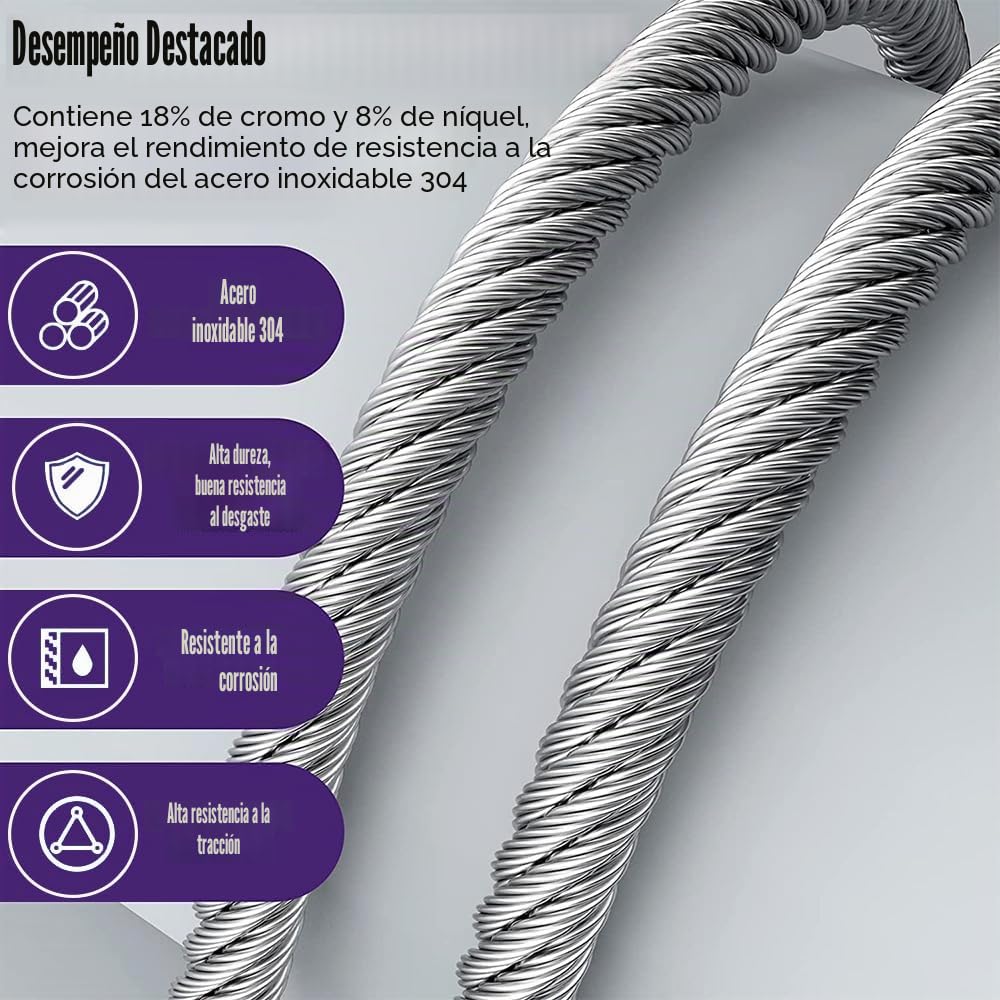 Cable Acero 6mm, 23m Cable de Acero Inoxidable, 7 x 19 Hebras Cable Principal Zipline con 4 Abrazaderas y 4 Dedal, para Teleféricos, Luces para Exteriores