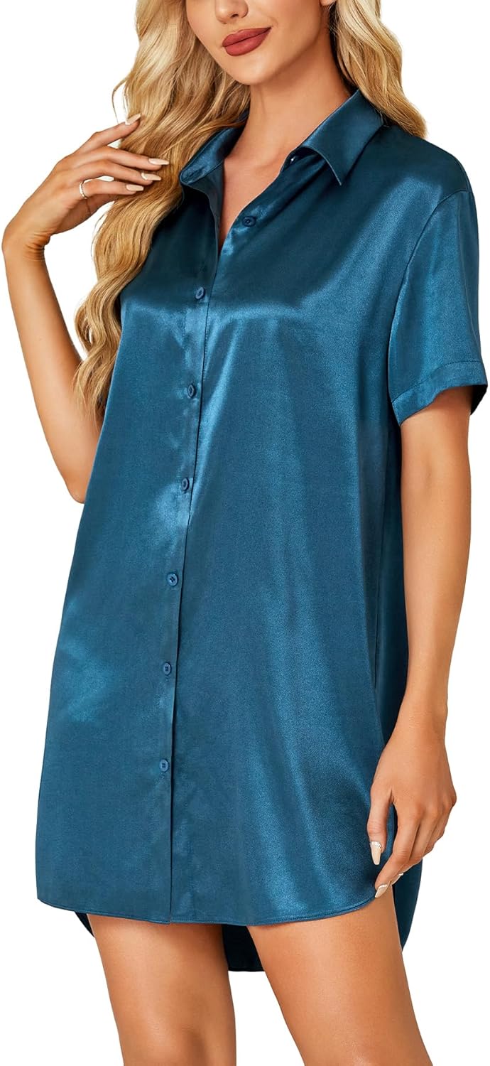 LYANER Women's Satin Nightgown V Neck Short Sleeve Silk Nightshirt Button Down Pajamas Dress Boyfriend Sleepshirt - Image 3