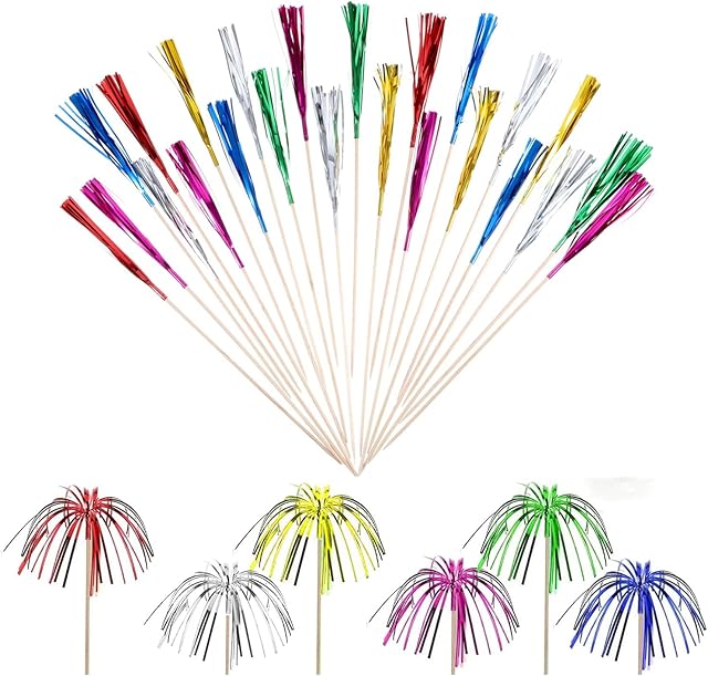 100Pcs 9 Inch Multicolor Firework Cupcake Toppers Foil Frill Toothpicks Coconut Tree Shape Food Picks for Christmas Birthday Wedding Bridal Shower Graduation Party Decoration
