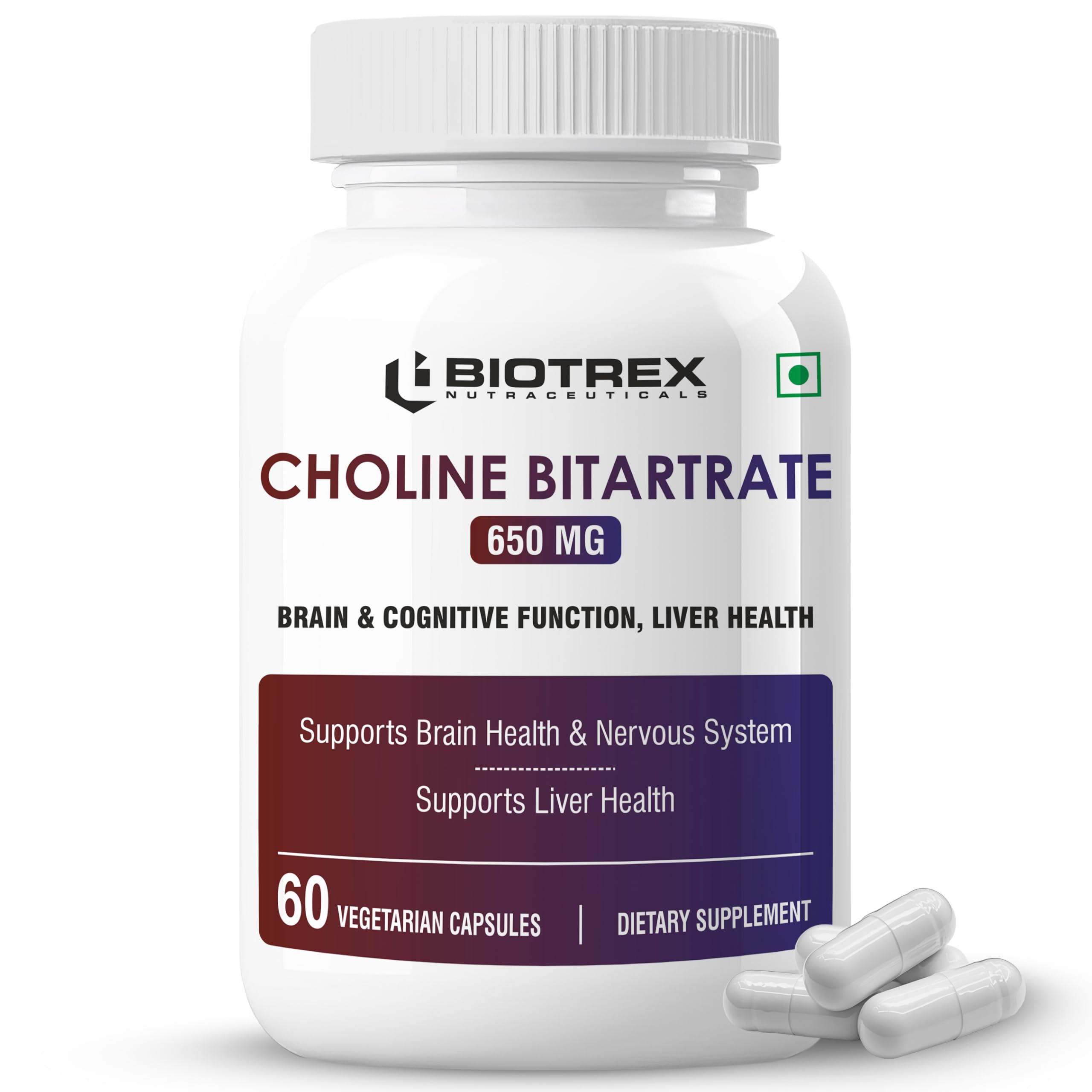 Biotrex Nutraceuticals Choline Bitartrate 650mg Supplement | High Purity Grade | Healthy Brain, Liver, Heart, Nervous System & Cognitive Function - 60 Veg Capsules