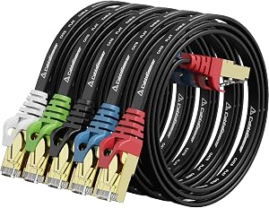 Cat8 Black Ethernet Cable 1ft 5Pack with Colored Connectors, High Speed 2000MHz 40Gbps LAN Cord, RJ45 Cat 8 Flat Patch Cable for PC/PS5/Router/Xbox/Modem