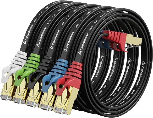 Cat8 Câble Ethernet noir 1ft 5Pack avec connecteurs colorés, haute vitesse 2000MHz 40Gbps LAN Cord, RJ45 Chat 8 Câble à patch plat pour PC/PS5/Router/Xbox/Modem