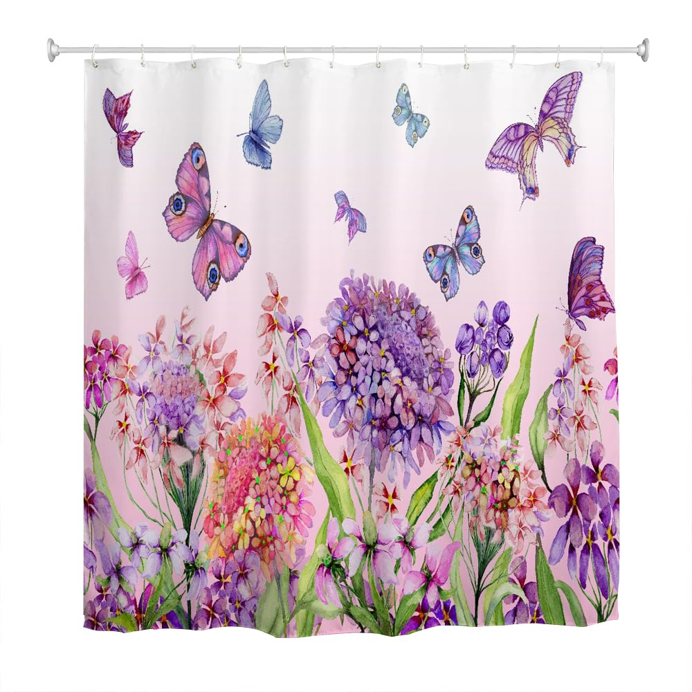 goodbath Floral Shower Curtain,Wild Flower Butterfly Waterproof Anti Mould Fabric Bath Curtains Bathroom,180cm x 180cm,Purple