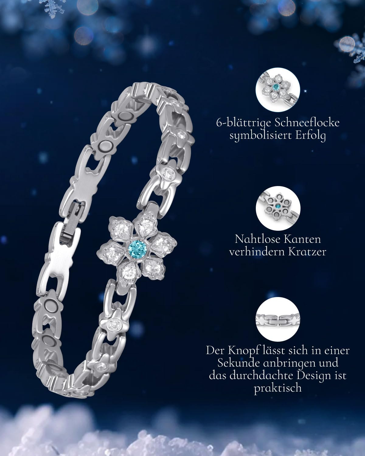 RainSo Bracelet magnétique pour femme - En acier inoxydable - Motif flocon de neige - Décoré avec pierres précieuses et cristaux bleus - Réglable - Avec outil et coffret cadeau