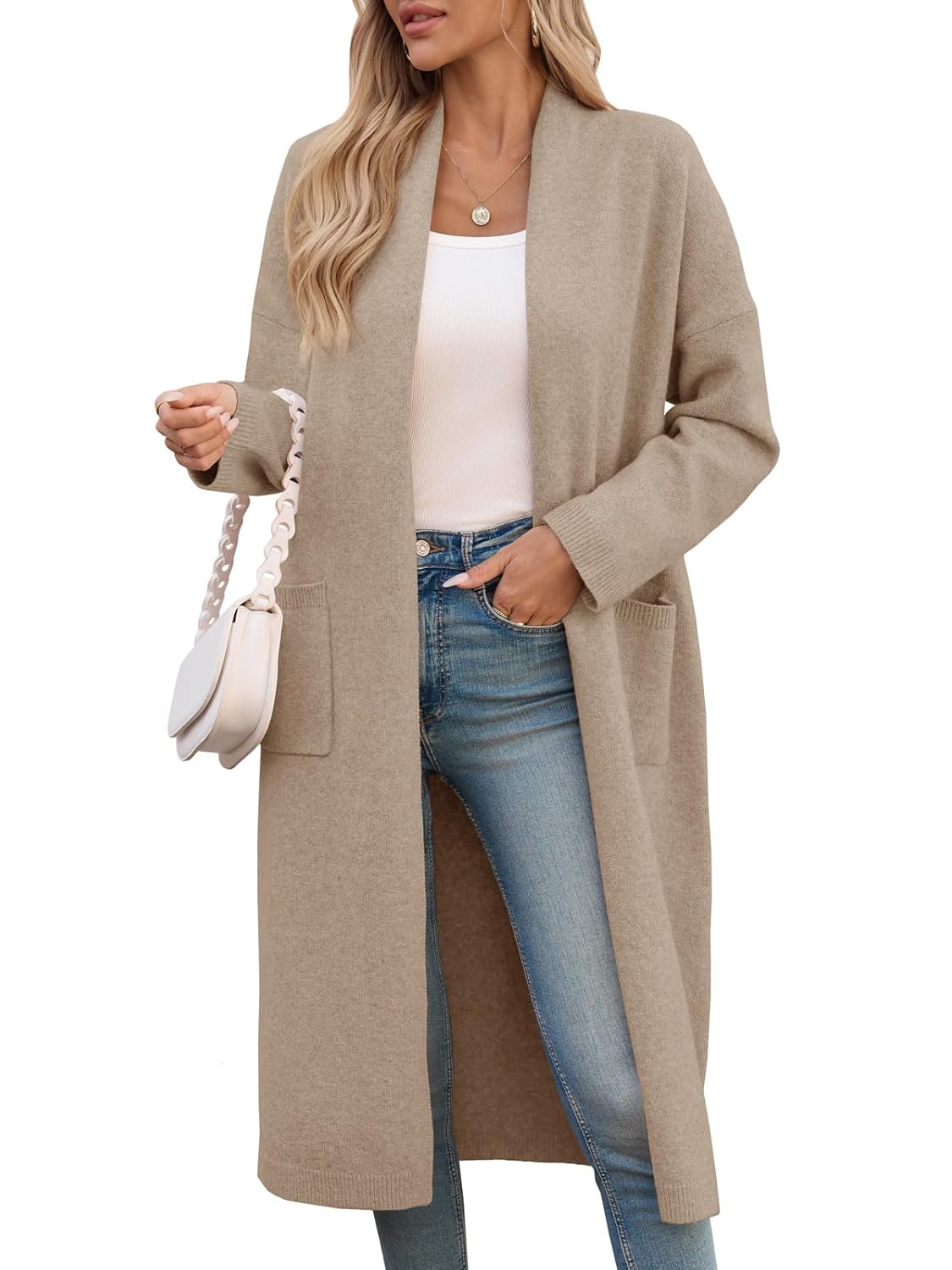 Saodimallsu Womens Extra Long Cardigan Sweaters Oversized Chunky Knit Open Front Long Sleeve Casual Duster Coat with Pockets
