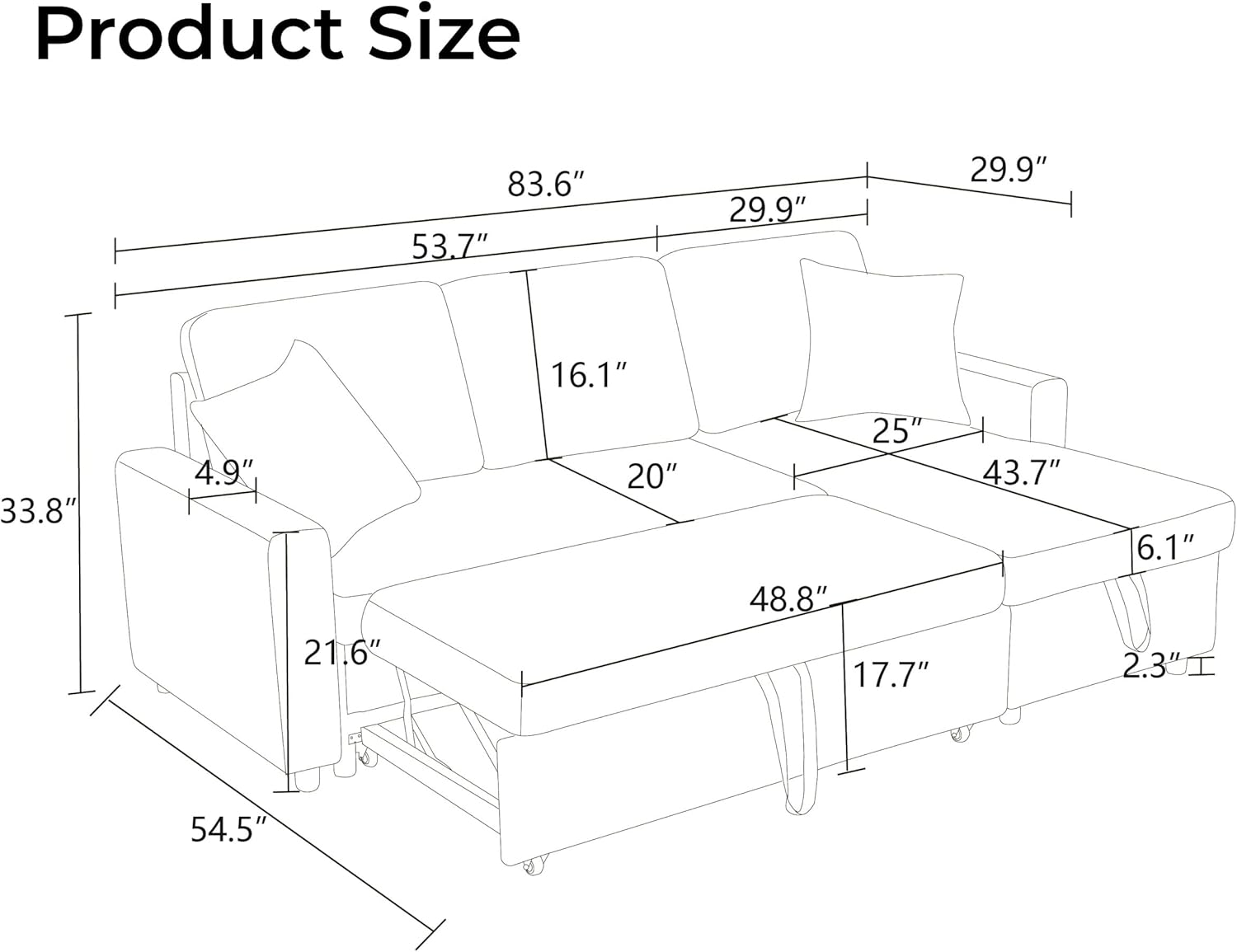 83 Inch Pull Out Couch, Convertible Sofa Bed for Living Room, Comfortable Sleeper Sofa with Pull Out Bed, Modern Sectional Couches with Storage Chaise, Easy Assembly for Apartment, Dark Brown