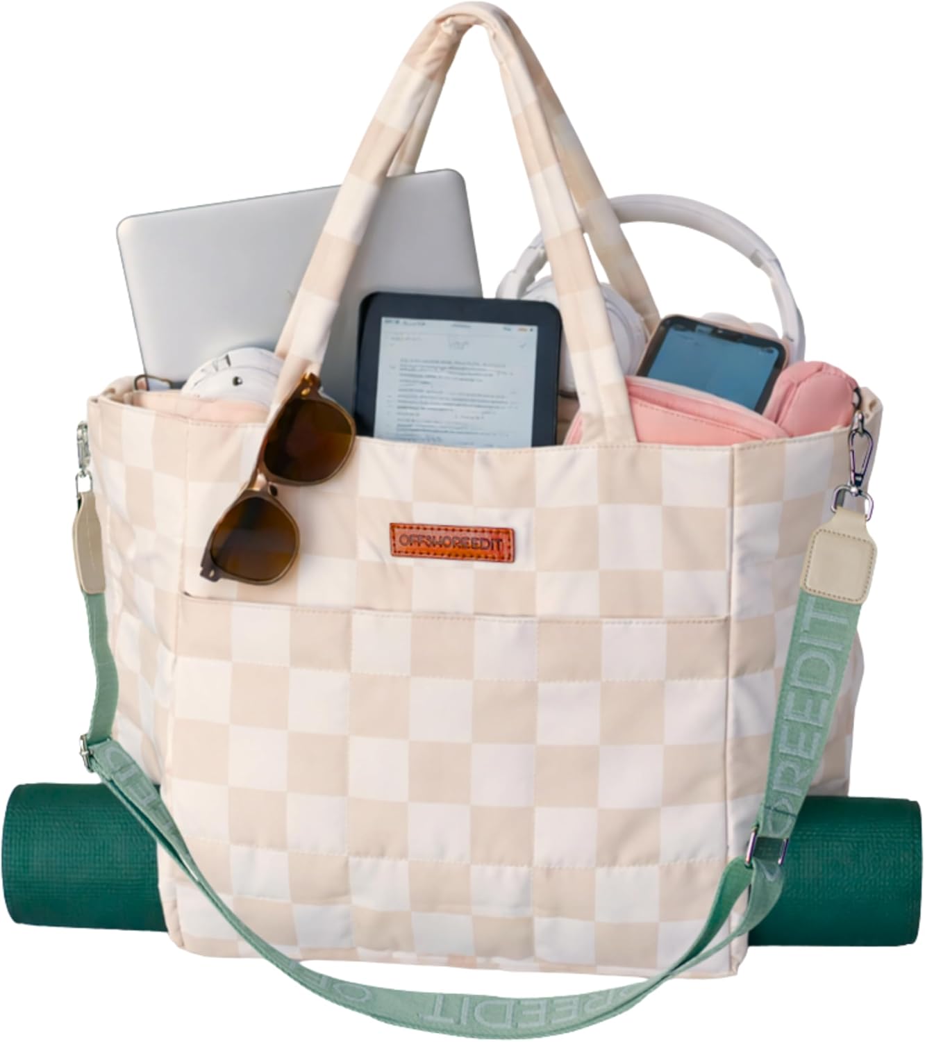 Puffer Tote Bag for Women – Quilted Lightweight Travel & Work Tote with 15” Laptop Compartment, Water Bottle Pocket & Luggage Strap, – Spacious Multi-Pocket Checkered Crossbody Shoulder Bag | Padded laptop sleeve, Spacious interior, Multi-pocket layout, Crossbody carry, Pass-through pocket, Water resistant