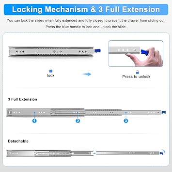 1 Pair Heavy Duty Drawer Slides with Lock 18 20 22 24 26 28 30 32 34 36 38 40 Inch 250 lb Load Capacity Side Mount Full Extension Ball Bearing Rail, 24 inch
