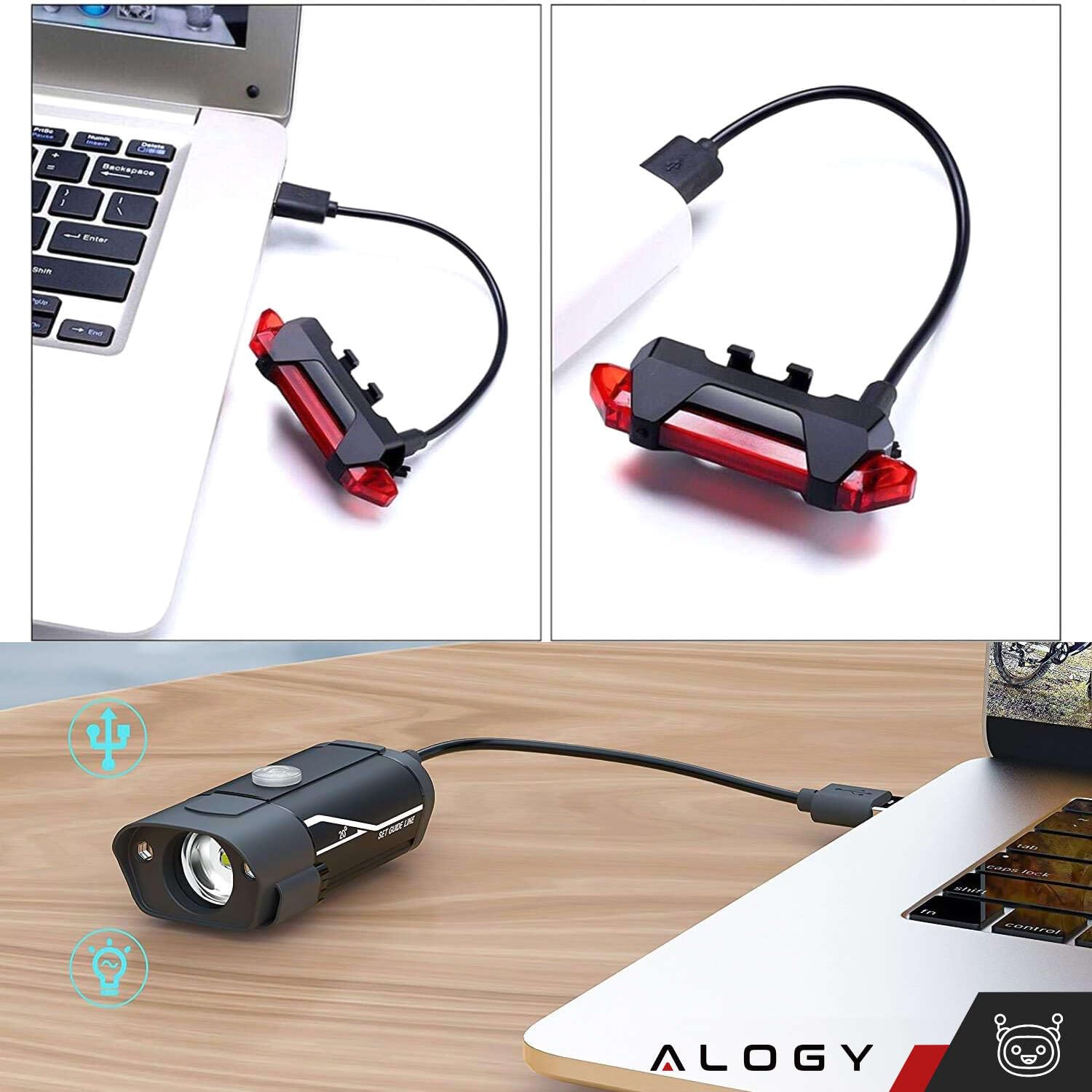 Alogy Lampka Rowerowa Przód + Tył Led Przednia Tylna Lampa Światełko Usb Na Rower