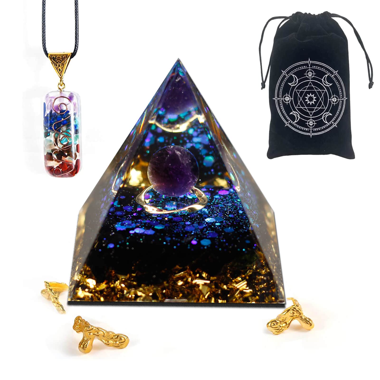 Amethyst Orgone Healing Pyramid Crystal Sphere Energy Tower, Positive Strength, Obsidian Chip Stones with 7 Chakra for Stress Reduce, Attract Wealth Lucky, Calmness, Resin