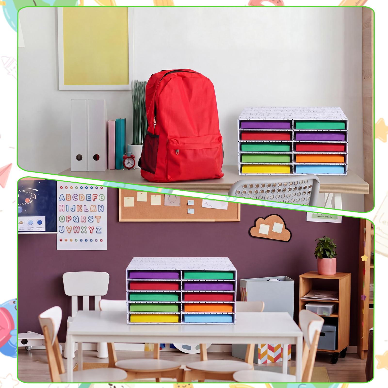 Ripeng 2 Stück Klassenzimmer Papieraufbewahrung Organizer Konstruktion Schnörkel und Punkte Papieraufbewahrung Desktop Briefkasten Aktenordner Literatur Karton Organizer für Home Office Schule, 50 x