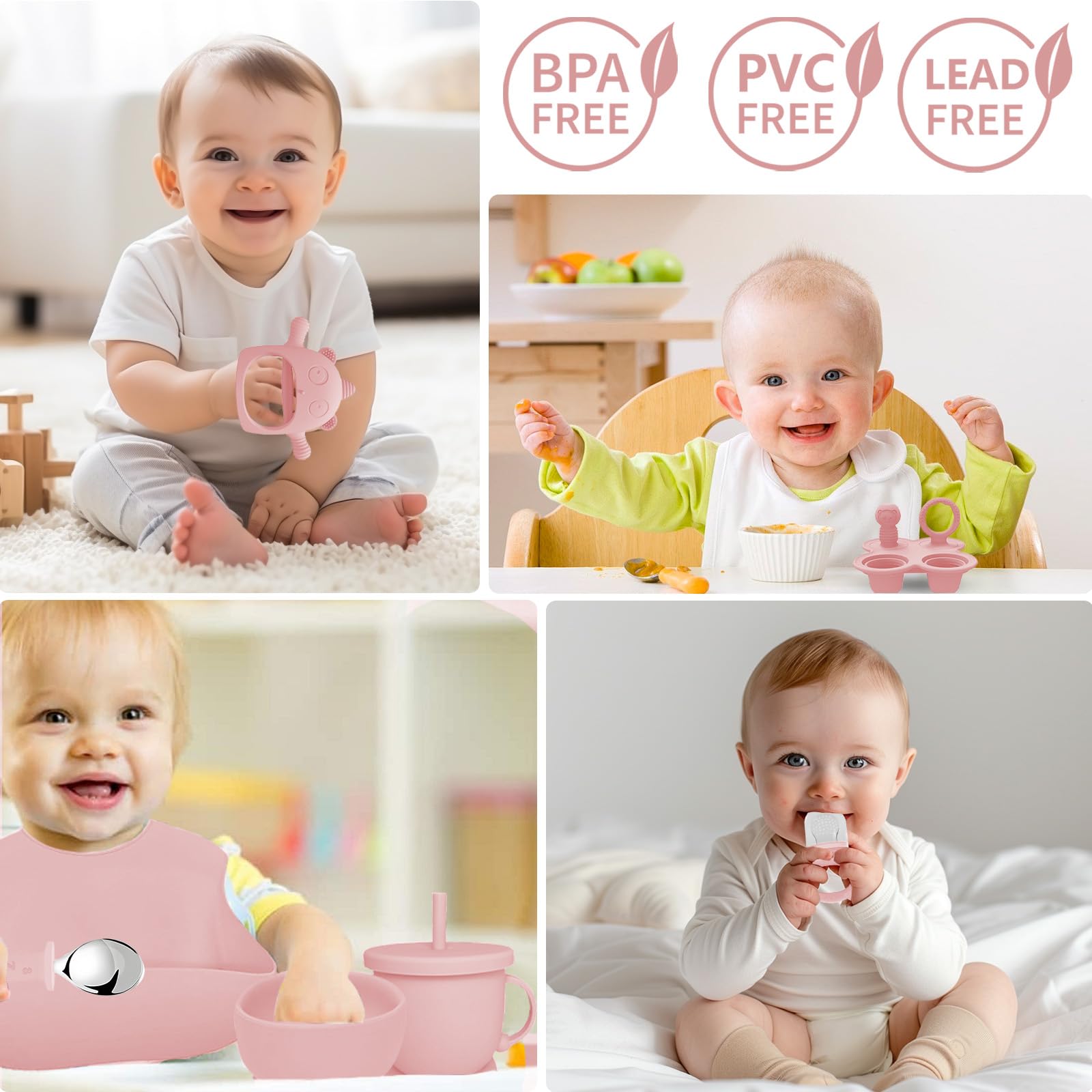 Coffret Repas Bebe 14 pièces,Vaisselle Antiderapant pour Bébé Set Silicone avec Ventouse Assiette Bol Cuillère et Bavoir,Sans BPA,Enfant Set Couverts Vaisselle Pour Sevrage Manger (Rose clair)