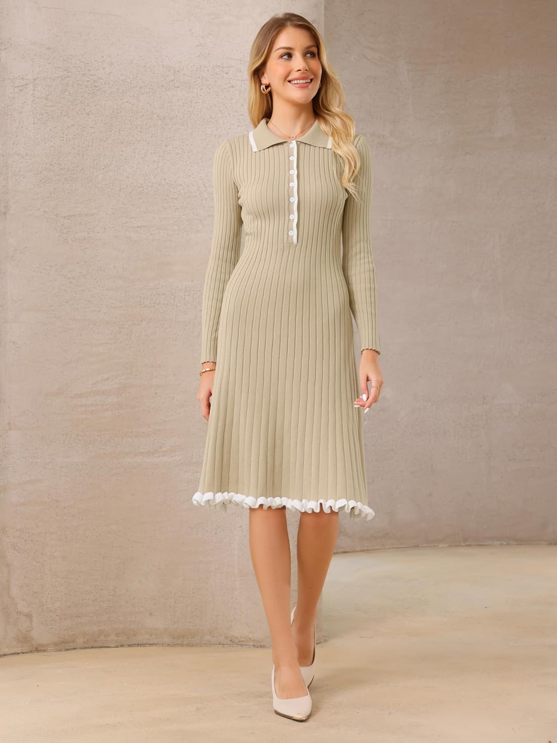 Women's Sweater Dress Knitted Ribbed A-Line Long Sleeve Dresses - Image 2