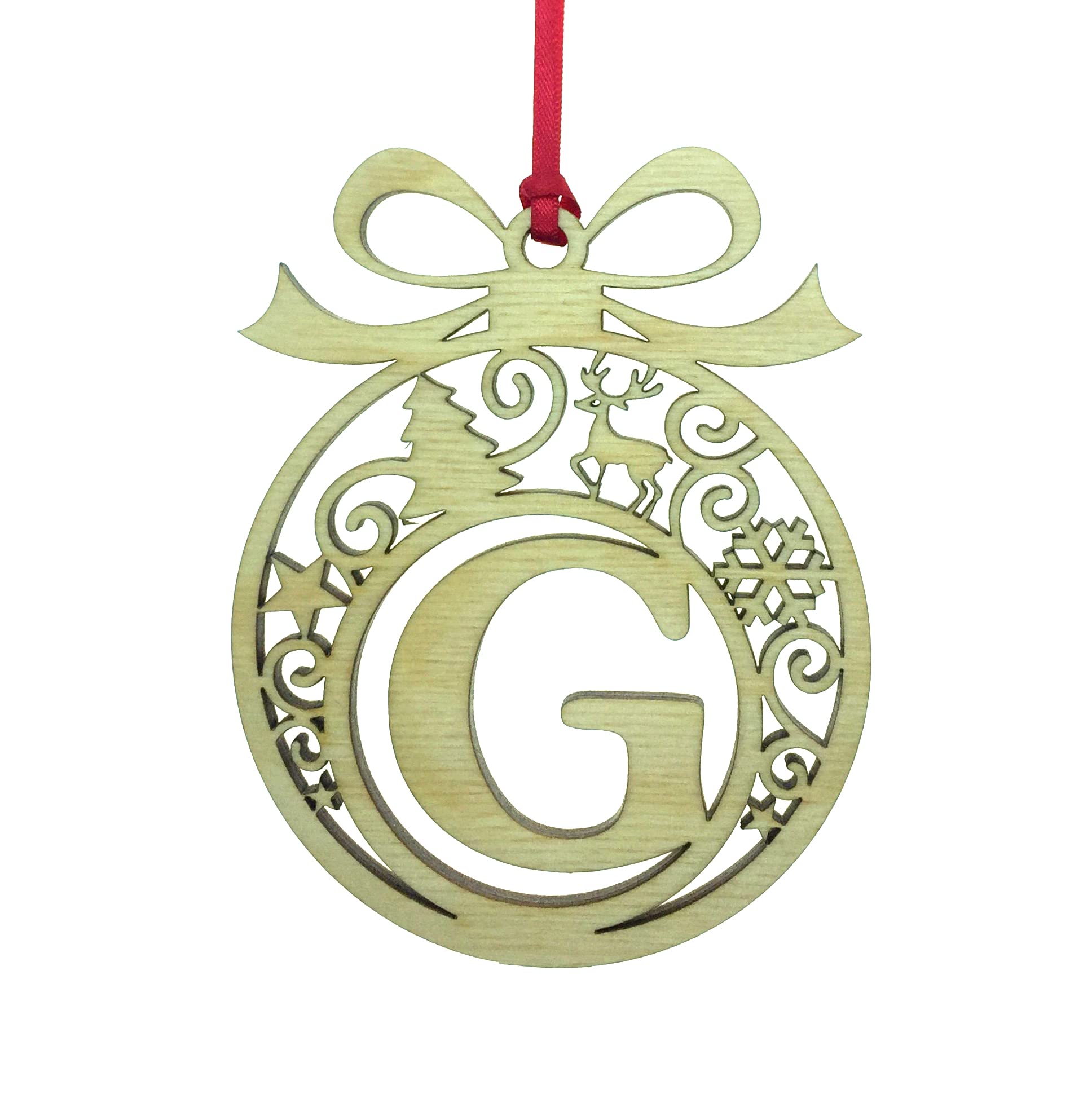 Personalised Christmas tree bauble decoration pendant ornament: Letter G, Natural Wood, Small