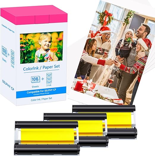 Compatible for Canon Selphy CP1500 CP1300 Ink and Paper Set KP-108IN KP108 3 Color Ink Cartridge and 108 Sheets 4x6 Photo Paper for Selphy CP1200 CP910 CP740 Compact Photo Printers