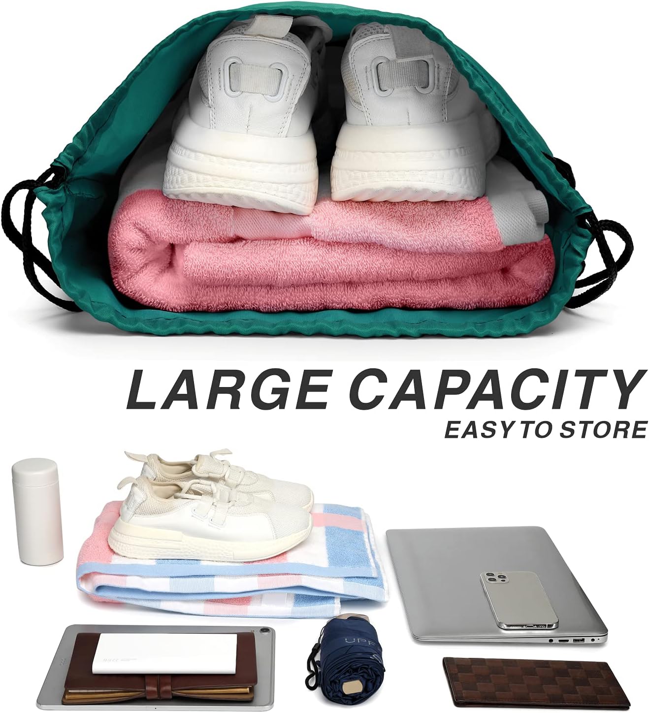 BuyAgain Drawstring Backpack Sports Water Resistant String Bag Sport Gym Sackpack for Women Men Students Large Size with Zipper, Teal - Image 5