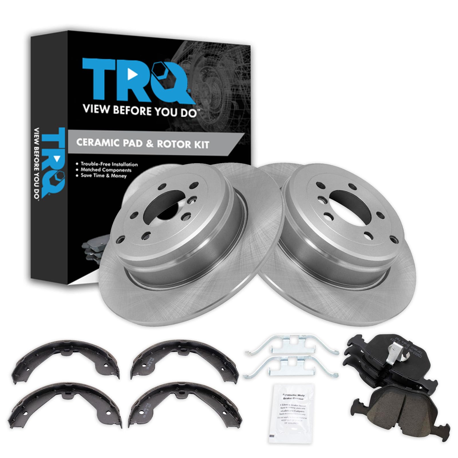 TRQ Rear Brake Pad and Rotor Set Ceramic Parking Brake Shoe Compatible with 2003-2005 Land Rover Range Rover