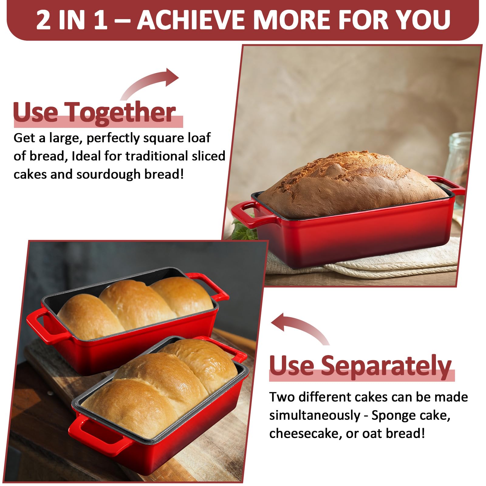 Leonyo Gusseisen-Brotpfannen-Set, 22,9 x 12,7 cm, Emaille, Rot | 2-in-1 Dutch Oven für selbstgemachtes Brotbacken, ofenfest & bis 260 °C erhitzen