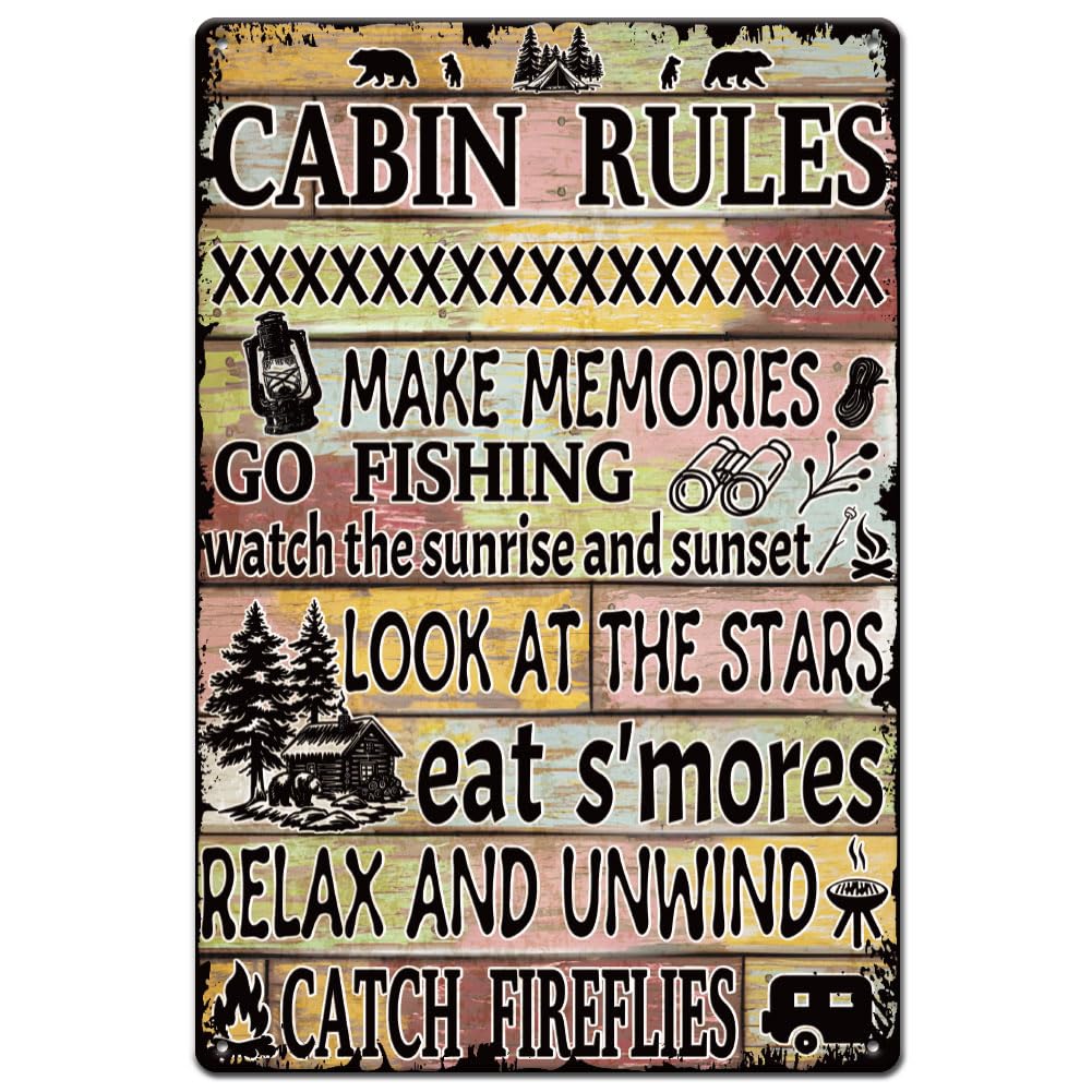 SUPERDANT Cabin Rules Metal Tin Sign Retro Cabin RV Metal Poster Wall Art Plaque Decor Rectangle Signs for Livingroom Bars Restaurants Cafe Pubs Home Wall Art