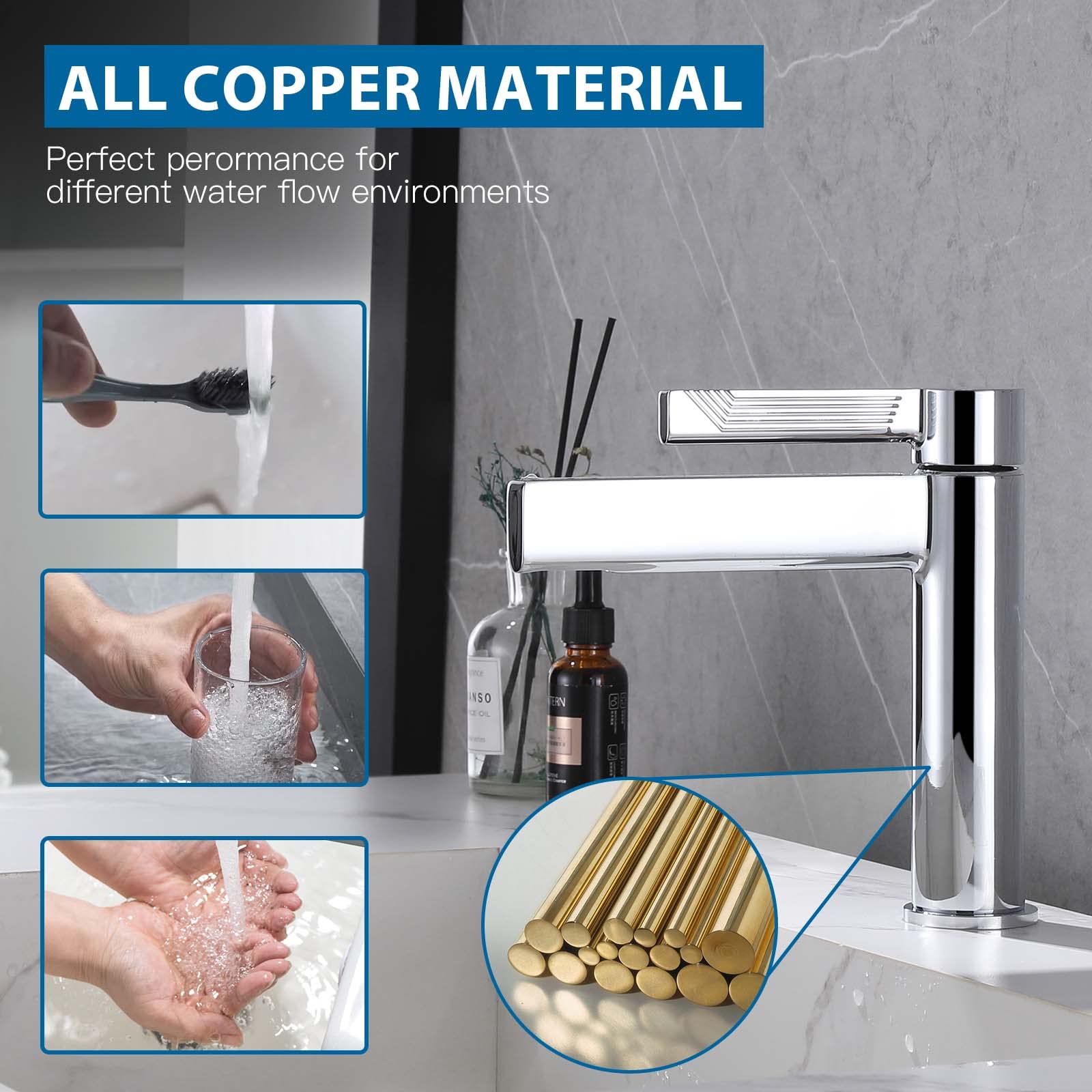 HMEGAO 1 Hole Single Handle Waterfall Bathroom Faucets, Modern Bathroom Sink Faucet, Chrome Bathroom Vanity Faucet, with Stainless Steel Hot and Cold Water Supply Lines, HG0007