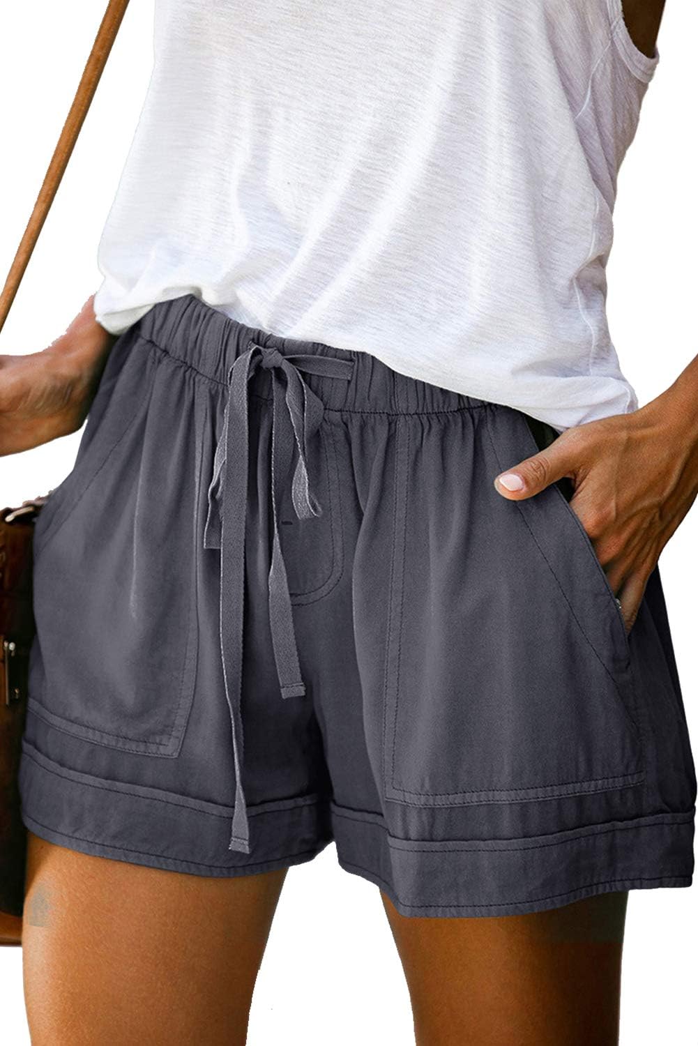 MosucoirlWomen Comfy Drawstring Casual Elastic Waist Pure Color Shorts Summer Beach Lightweight Short Pants with Pockets