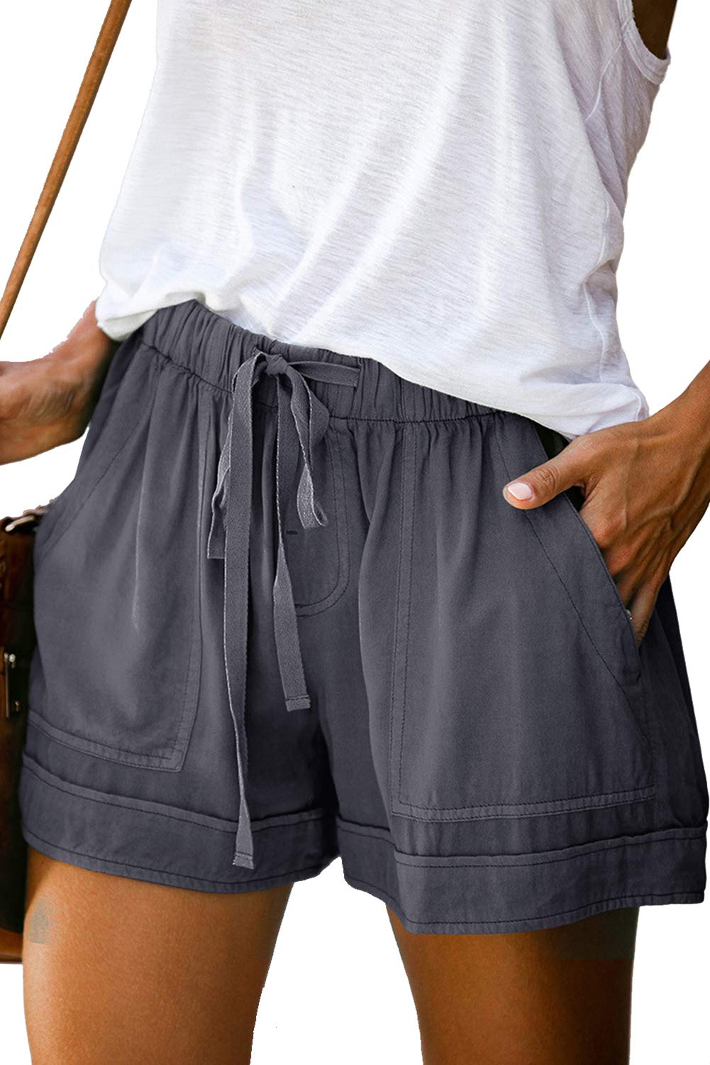 MosucoirlWomen Comfy Drawstring Casual Elastic Waist Pure Color Shorts Summer Beach Lightweight Short Pants with Pockets